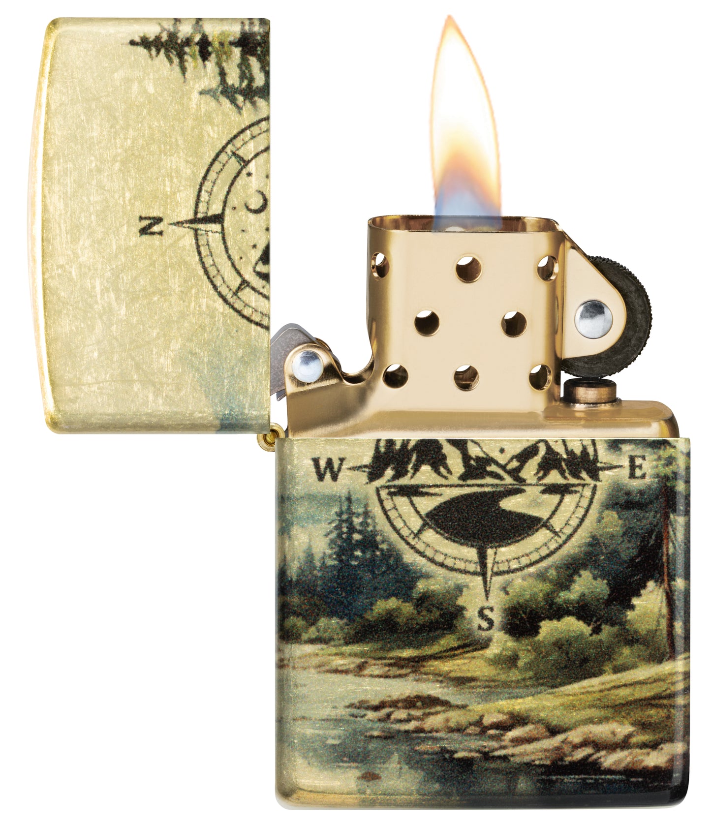 Zippo Watercolor Wilderness Design 540 Tumbled Brass Windproof Lighter with its lid open and lit.