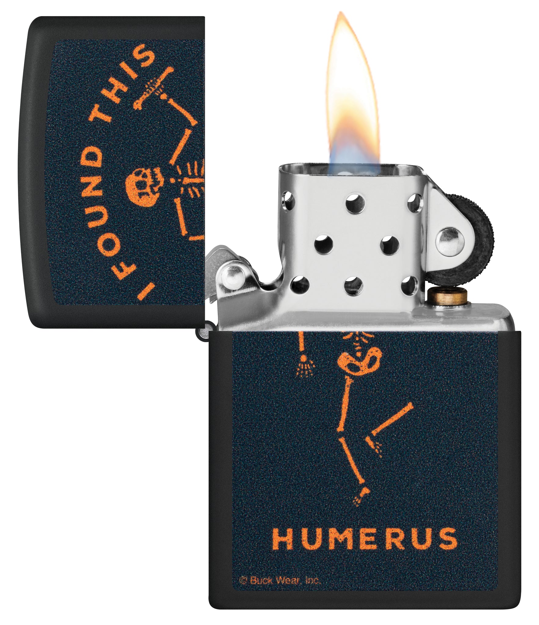 Zippo Buck Wear™ Humerus Design Black Matte Windproof Lighter with its lid open and lit.