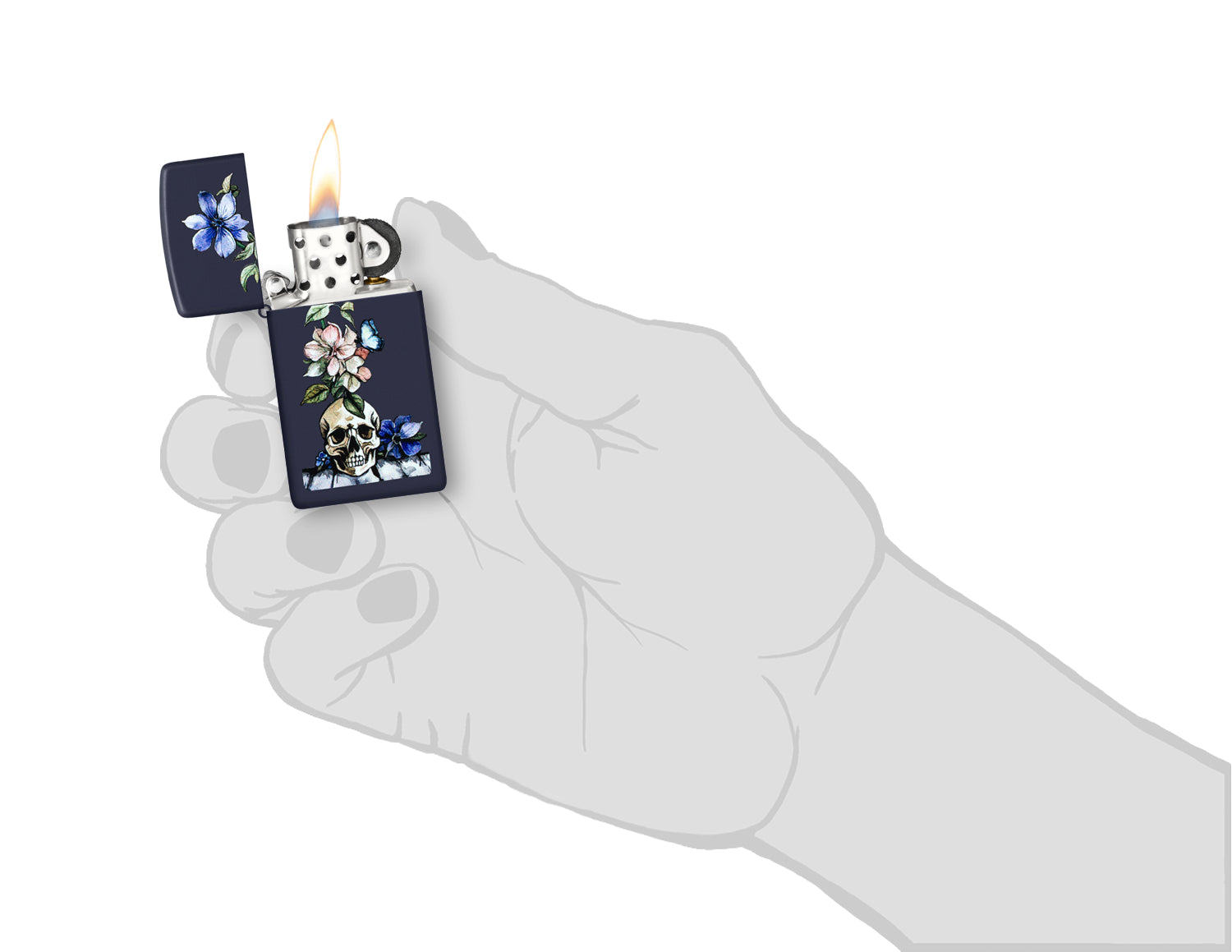 Zippo Bone Bouquet Design Slim Navy Matte Windproof Lighter lit in hand.