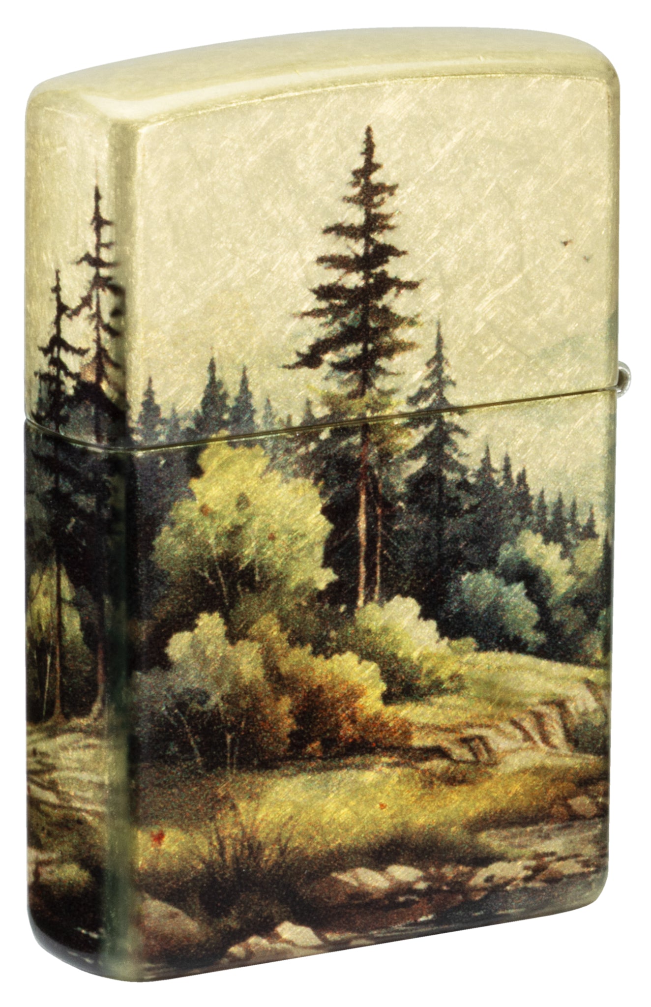 Back view of Zippo Watercolor Wilderness Design 540 Tumbled Brass Windproof Lighter standing at a 3/4 angle.