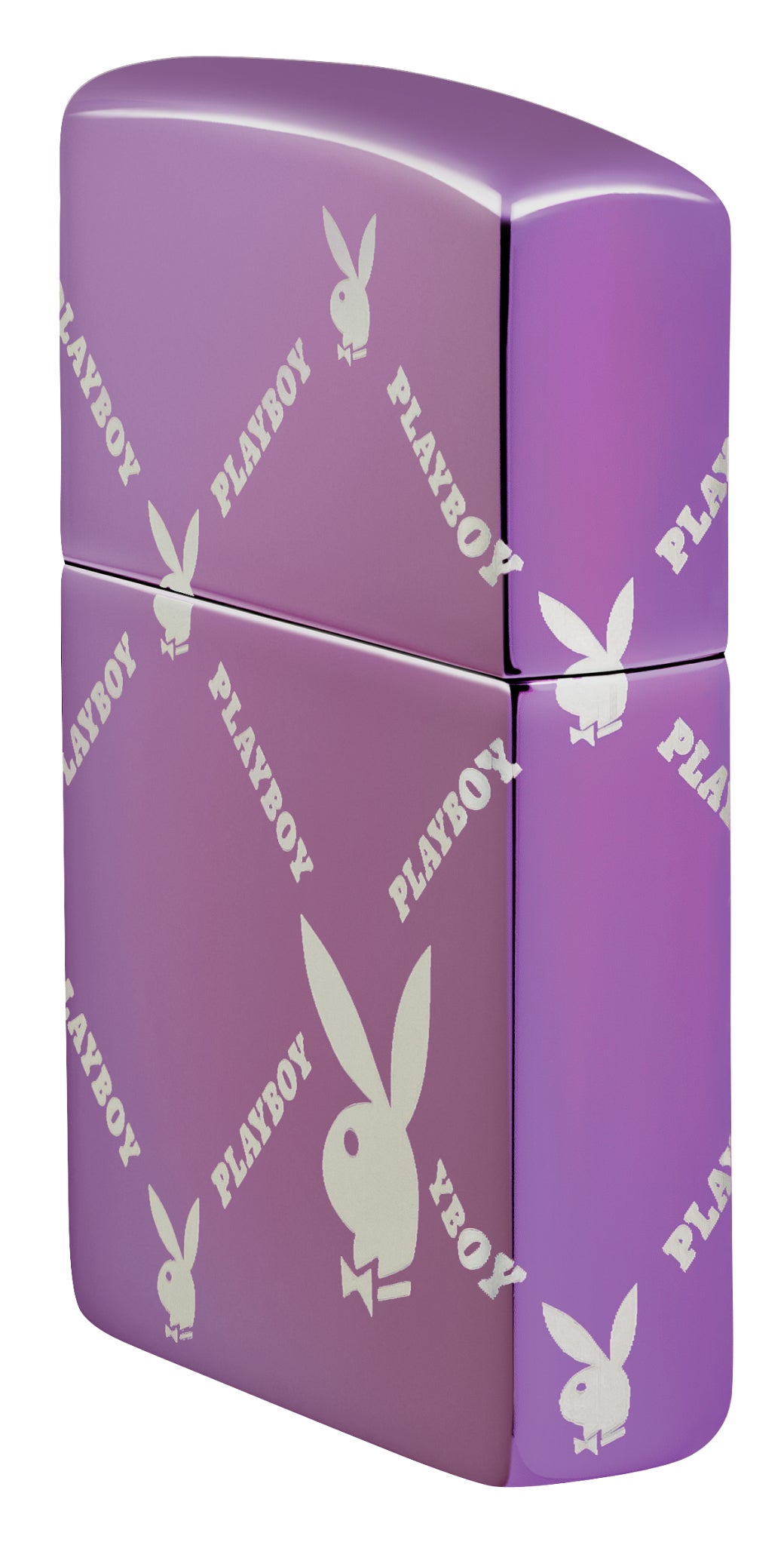 Angled shot of Zippo Playboy Argyle Design High Polish Purple Windproof Lighter showing the front and right sides of the lighter.
