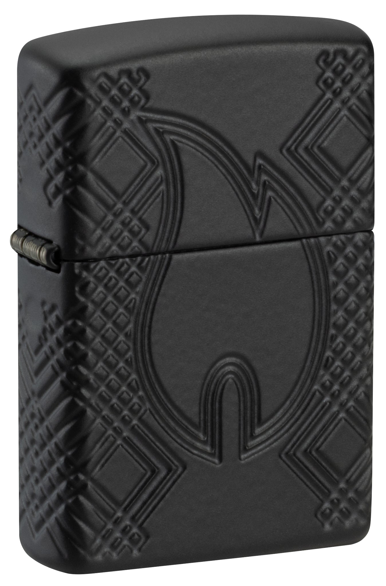 Front shot of Zippo Rivet Flame Armor® Black Matte Windproof Lighter standing at a 3/4 angle.