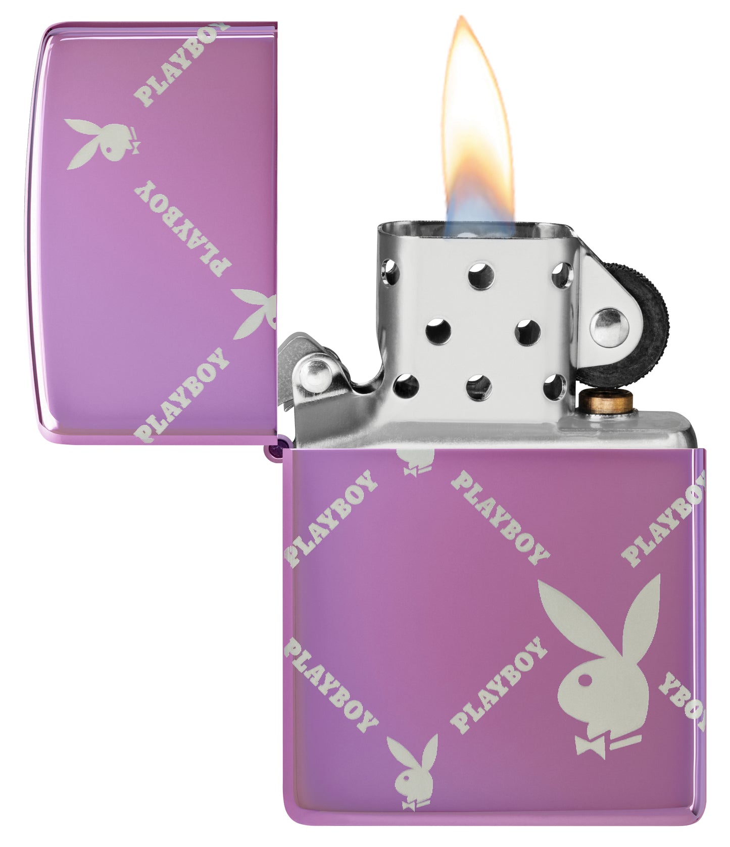 Zippo Playboy Argyle Design High Polish Purple Windproof Lighter with its lid open and lit.