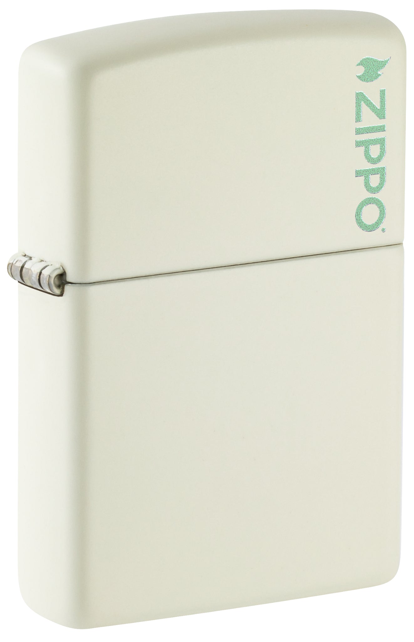 Front shot of Classic Glow In The Dark Zippo Logo Windproof Lighter standing at a 3/4 angle.