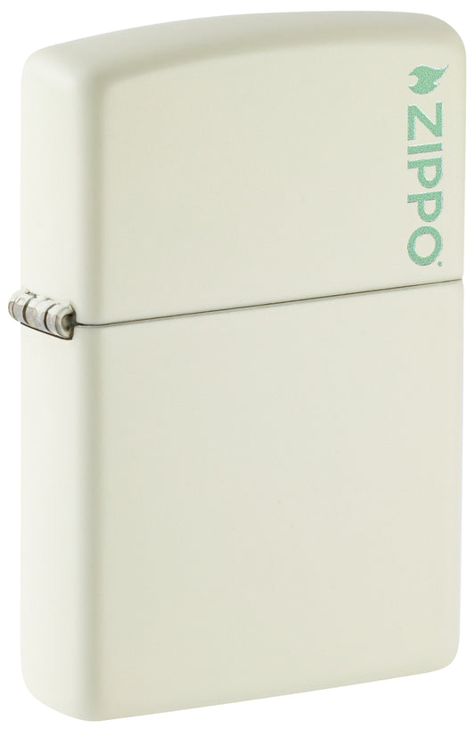 Front shot of Classic Glow In The Dark Zippo Logo Windproof Lighter standing at a 3/4 angle.
