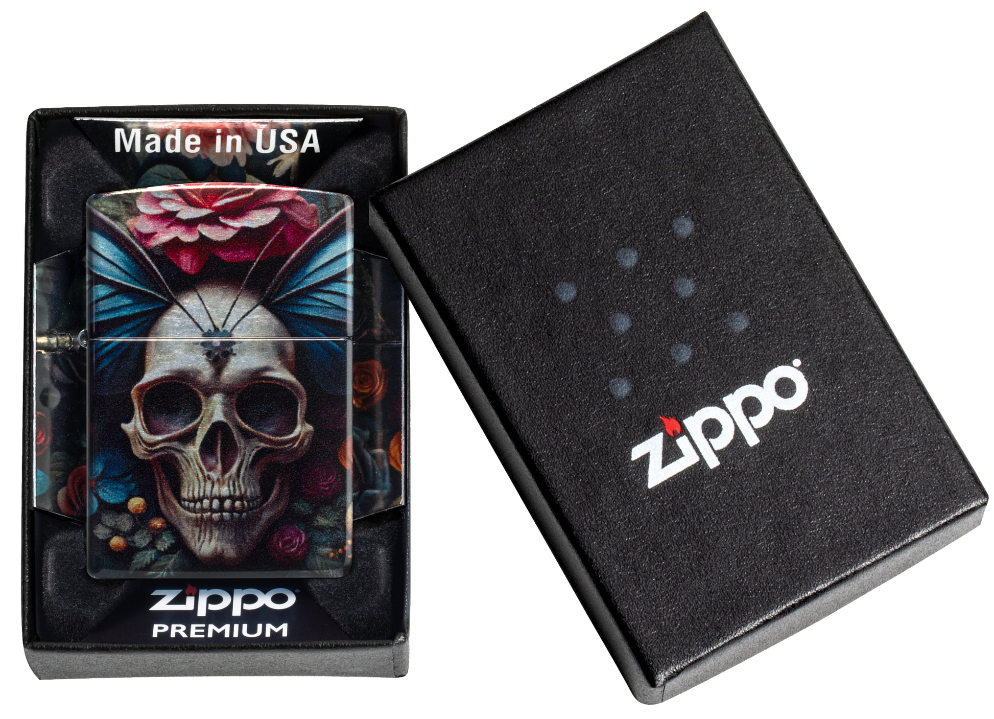 Zippo Butterfly Skull Design 540 Tumbled Chrome Windproof Lighter  in its packaging.