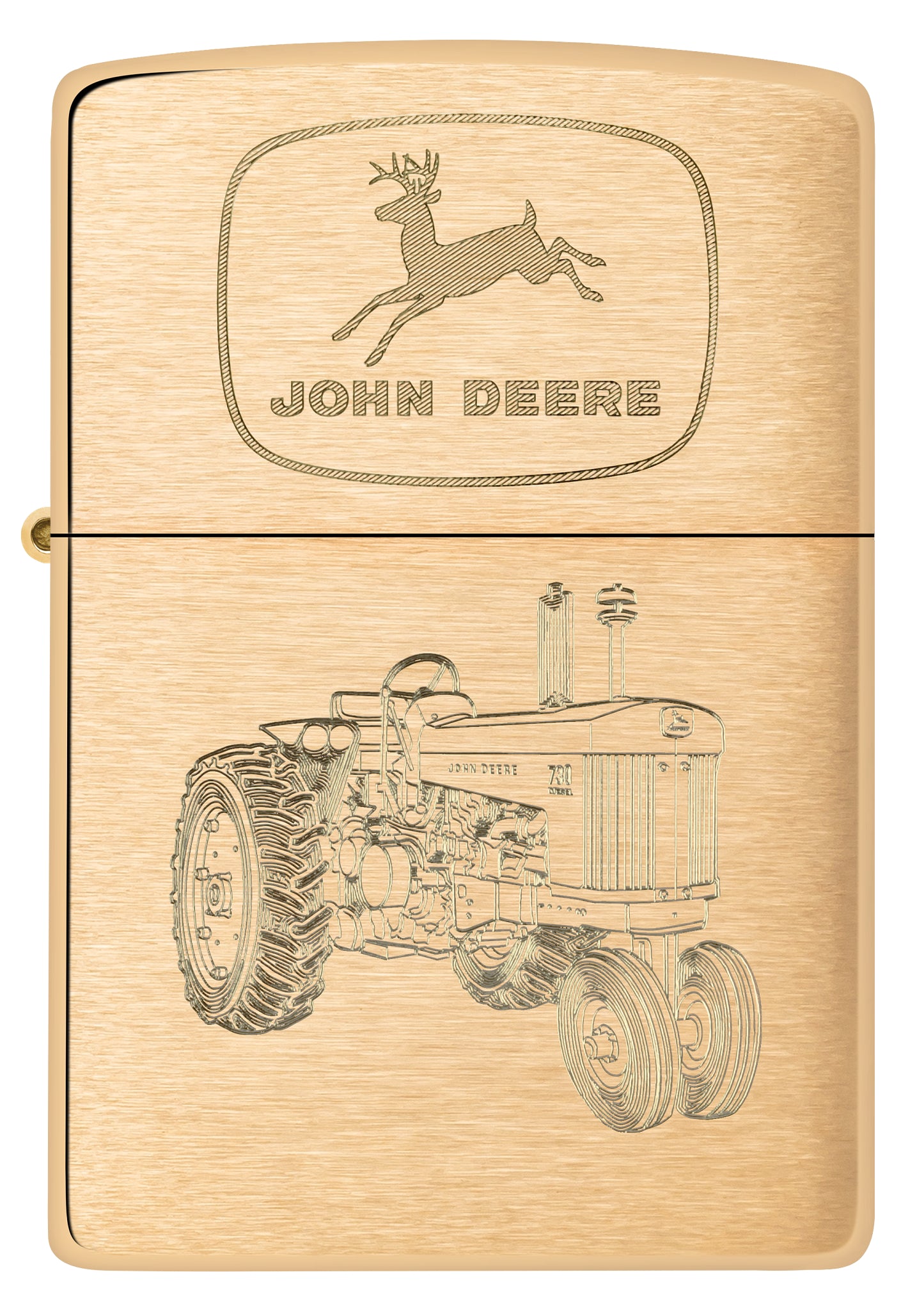 Front view of Zippo John Deere Tractor Design Brushed Brass Windproof Lighter.