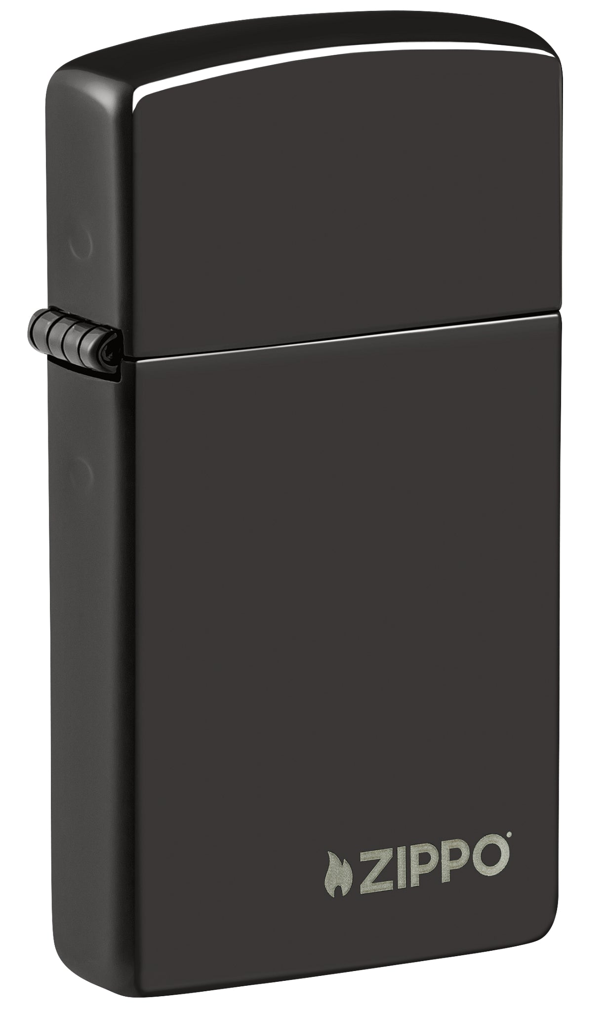 Front shot of Slim® High Polish Black Zippo Logo Windproof Lighter standing at a 3/4 angle.