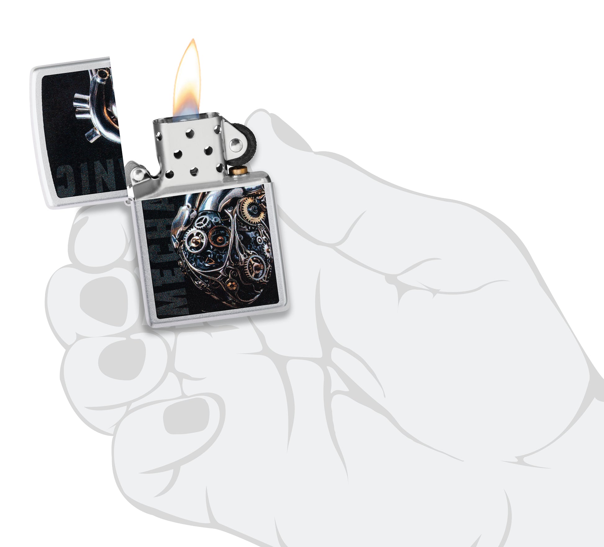 Zippo  Mechanical Heart Design Satin Chrome Windproof Lighter lit in hand.