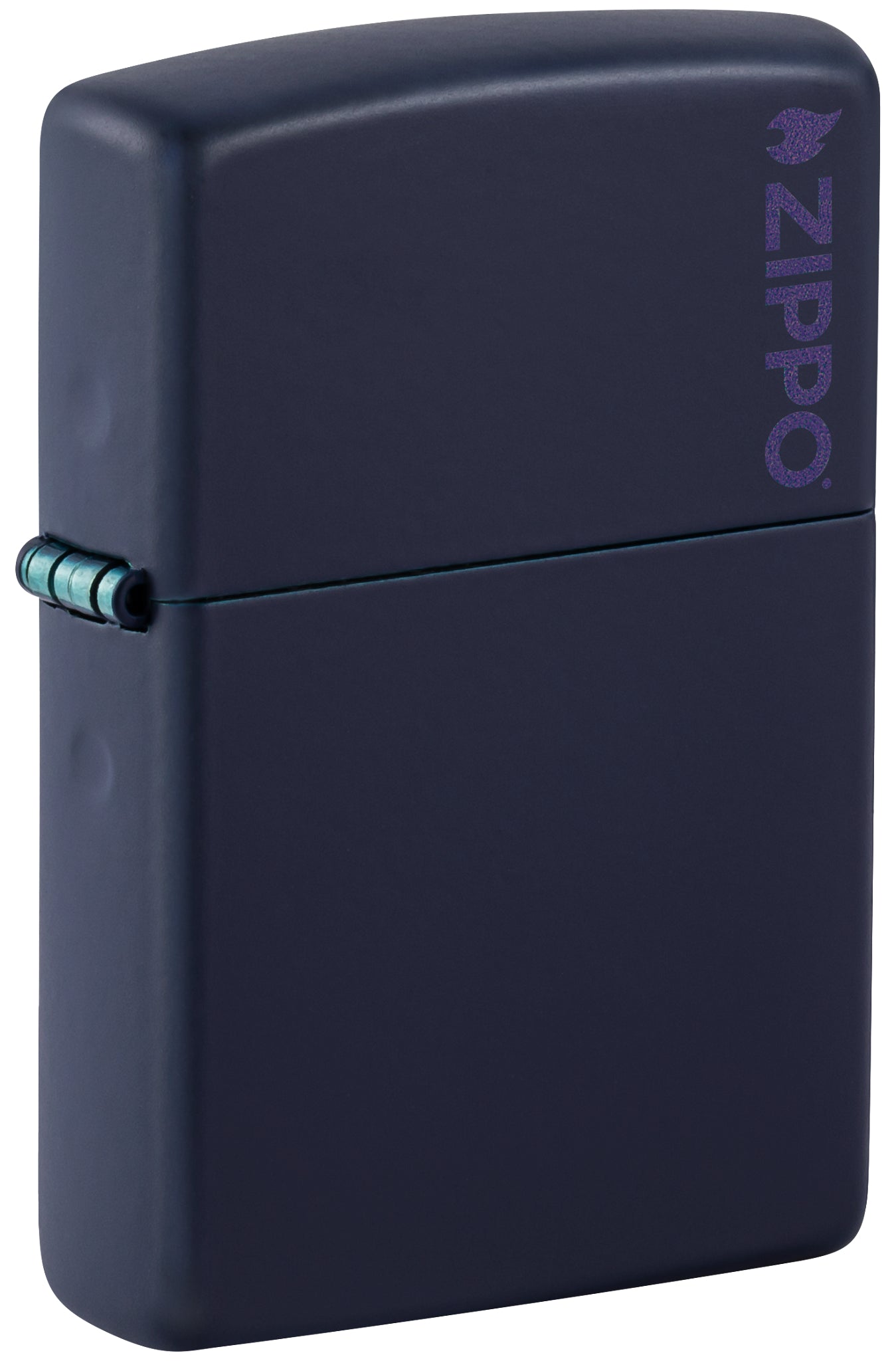 Front shot of Classic Navy Matte Zippo Logo Windproof Lighter standing at a 3/4 angle.