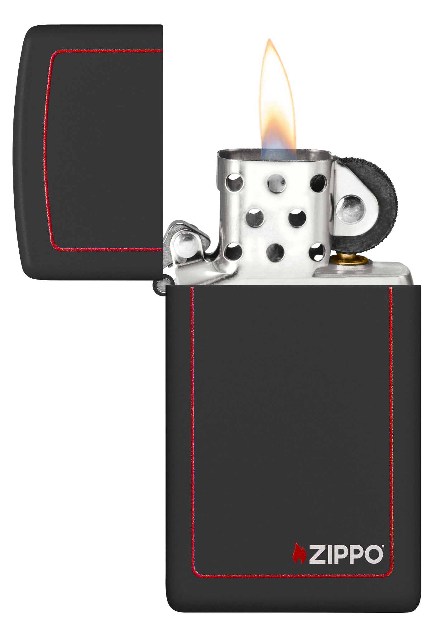Slim® Black Matte with Red Border Zippo Logo Windproof Lighter with its lid open and lit.