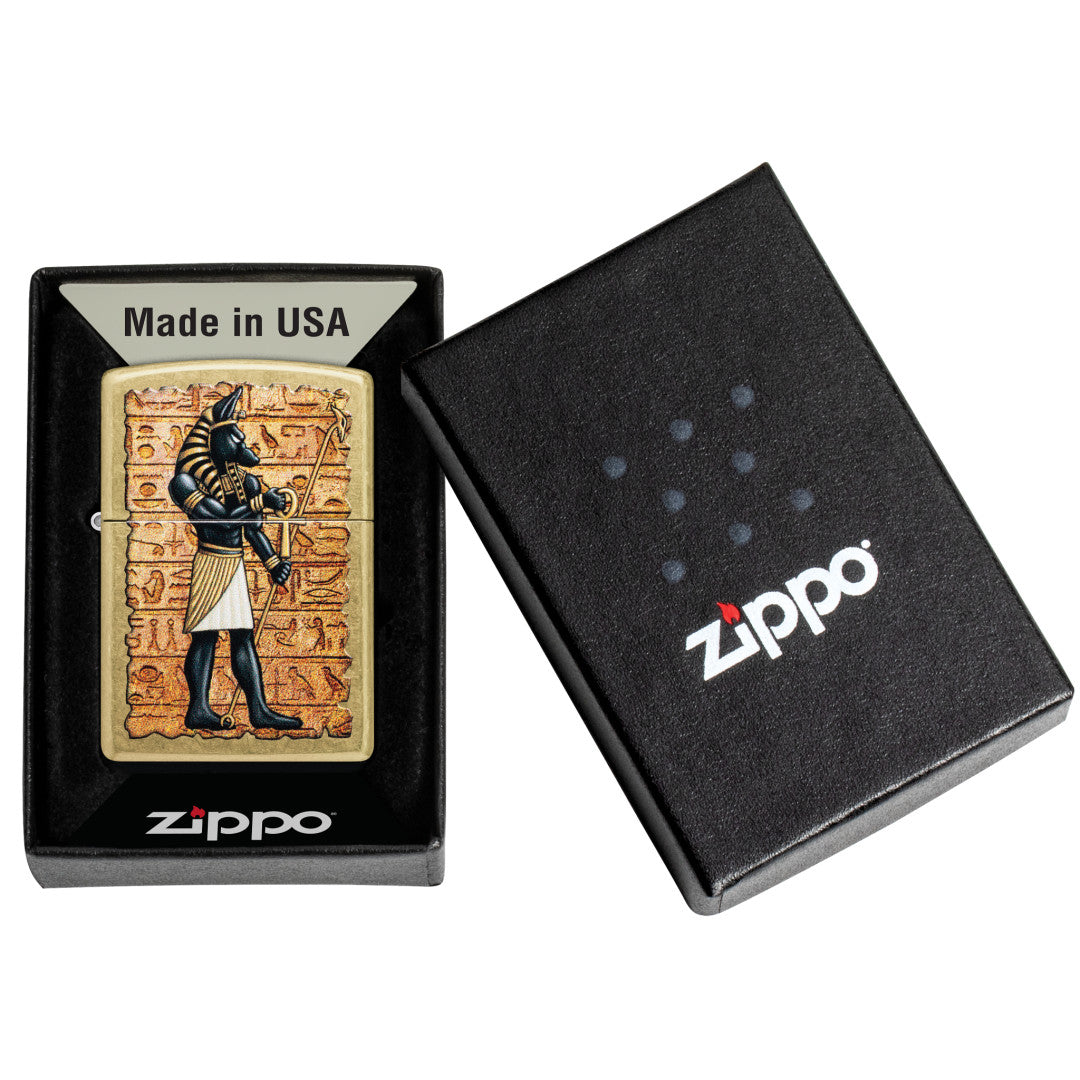 Zippo Guardian of Tombs Design Street Brass Windproof Lighter in its packaging.