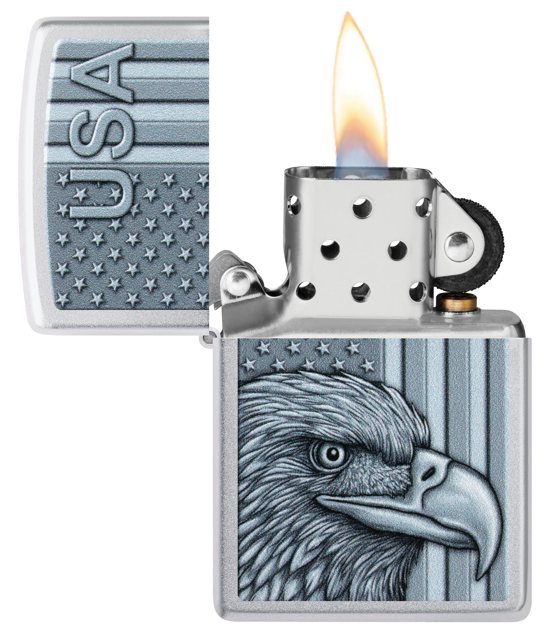 Zippo USA Pride Design Satin Chrome Windproof Lighter with its lid open and lit.