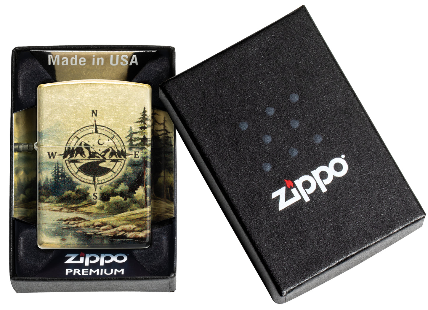 Zippo Watercolor Wilderness Design 540 Tumbled Brass Windproof Lighter in its packaging.