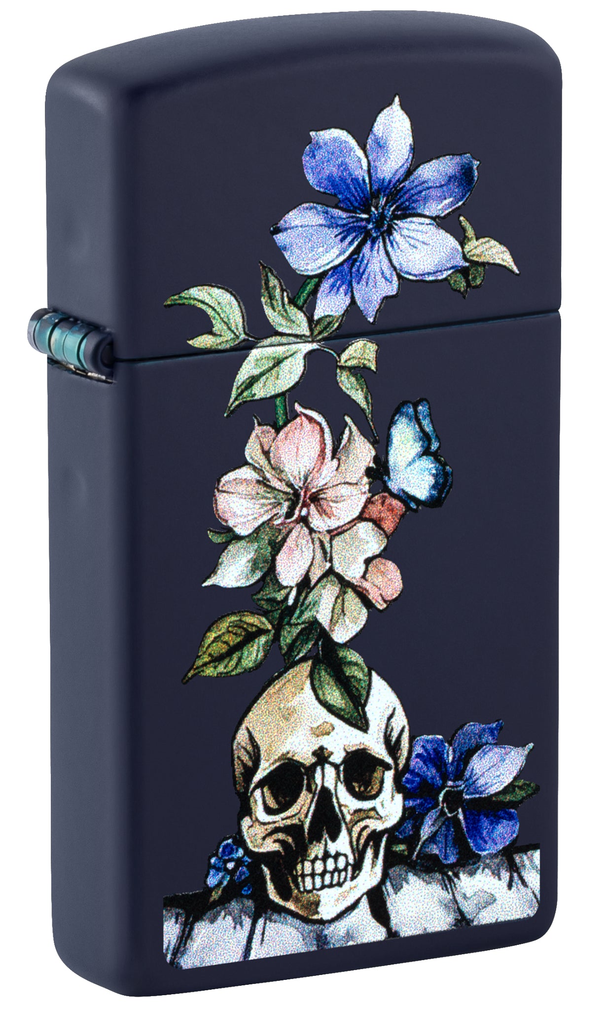 Front shot of Zippo Bone Bouquet Design Slim Navy Matte Windproof Lighter standing at a 3/4 angle.