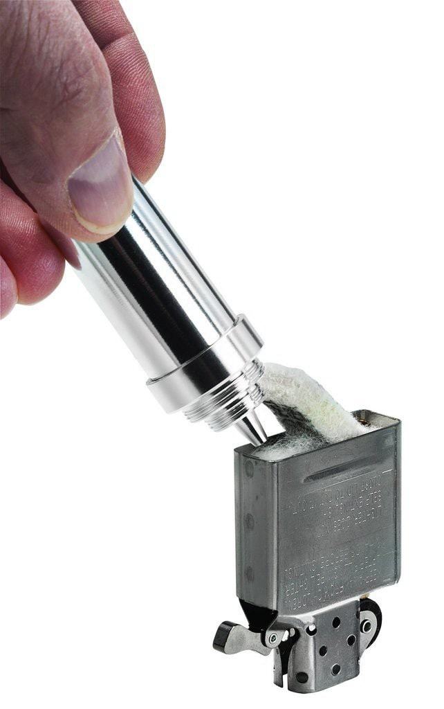 Front view of the Fuel Canister being used to refill a Zippo Insert