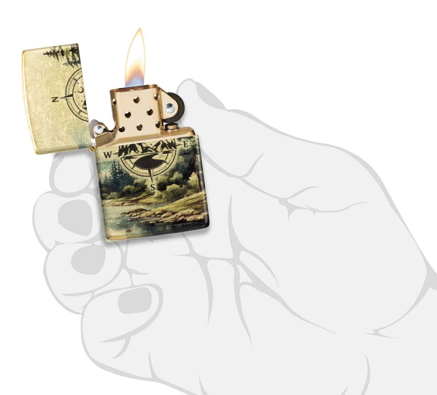 Zippo Watercolor Wilderness Design 540 Tumbled Brass Windproof Lighter lit in hand.