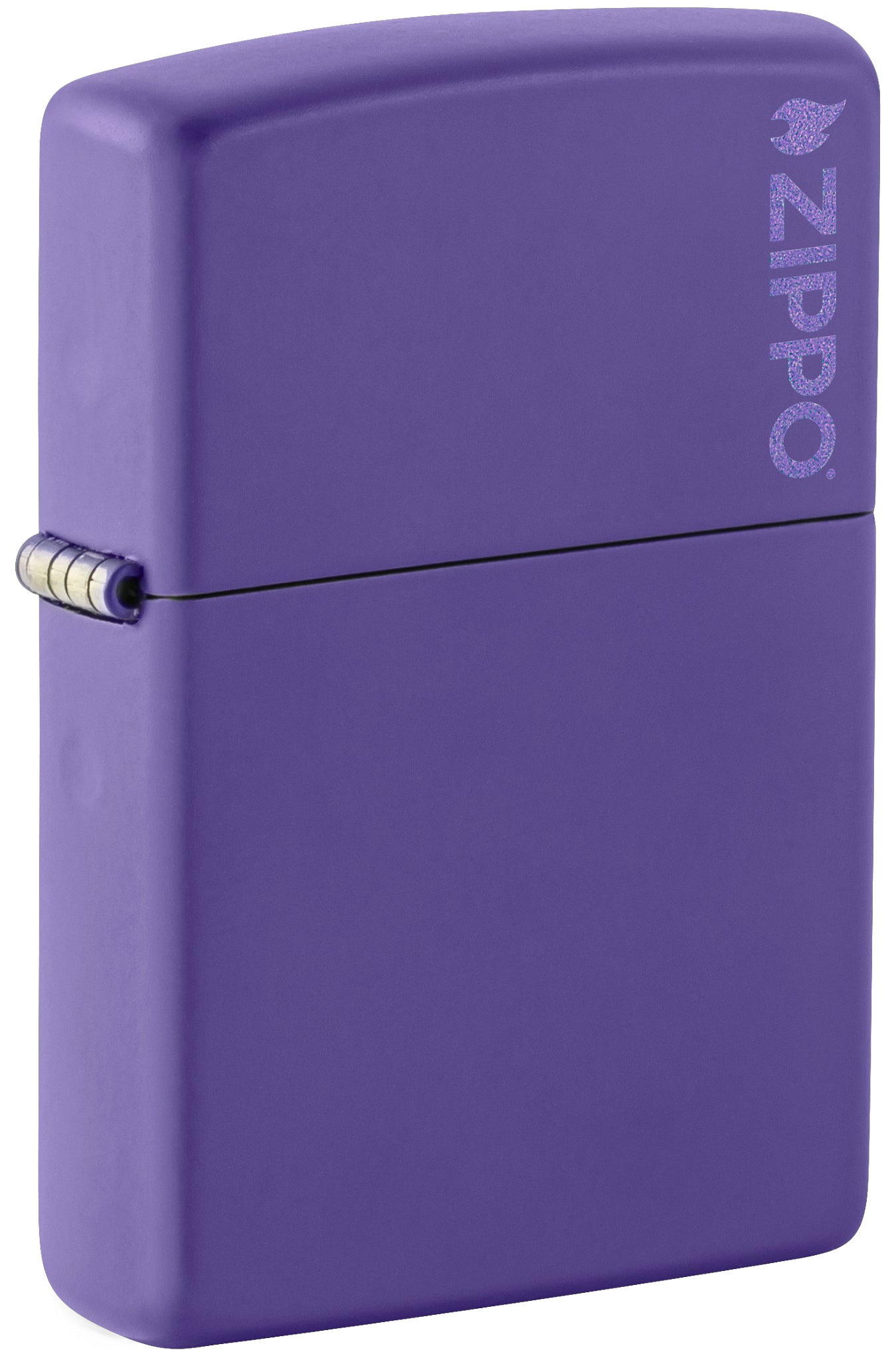 Front shot of Classic Purple Matte Zippo Logo Windproof Lighter standing at a 3/4 angle.
