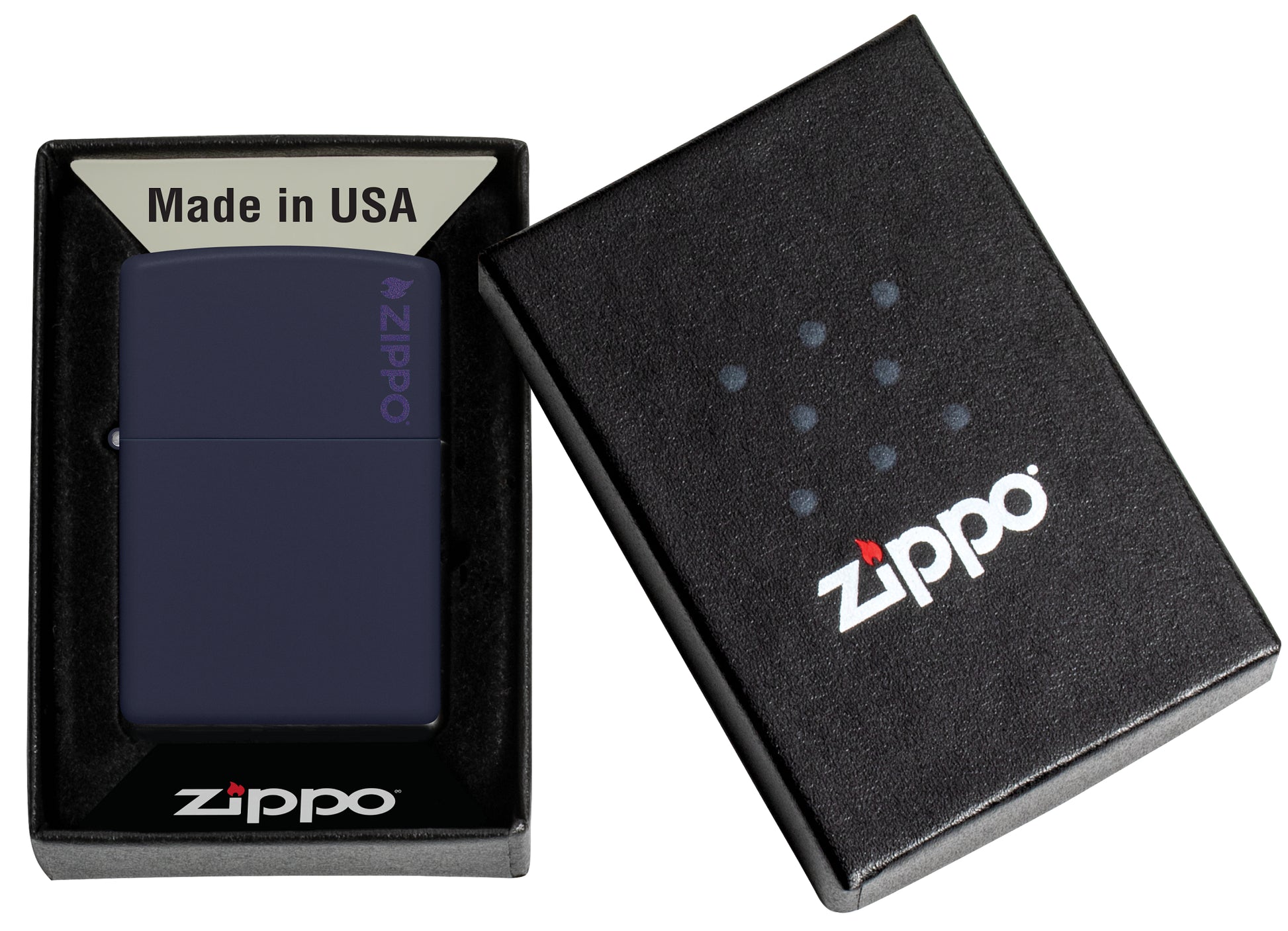 Classic Navy Matte Zippo Logo Windproof Lighter in its packaging.