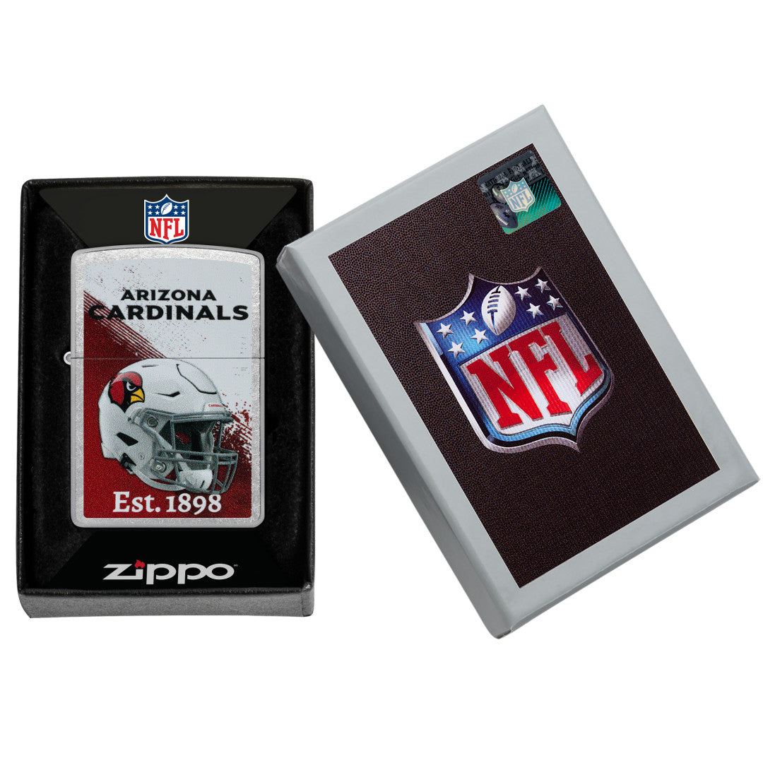 Zippo NFL Arizona Cardinals Helmet Design Street Chrome Windproof Lighter in its packaging.