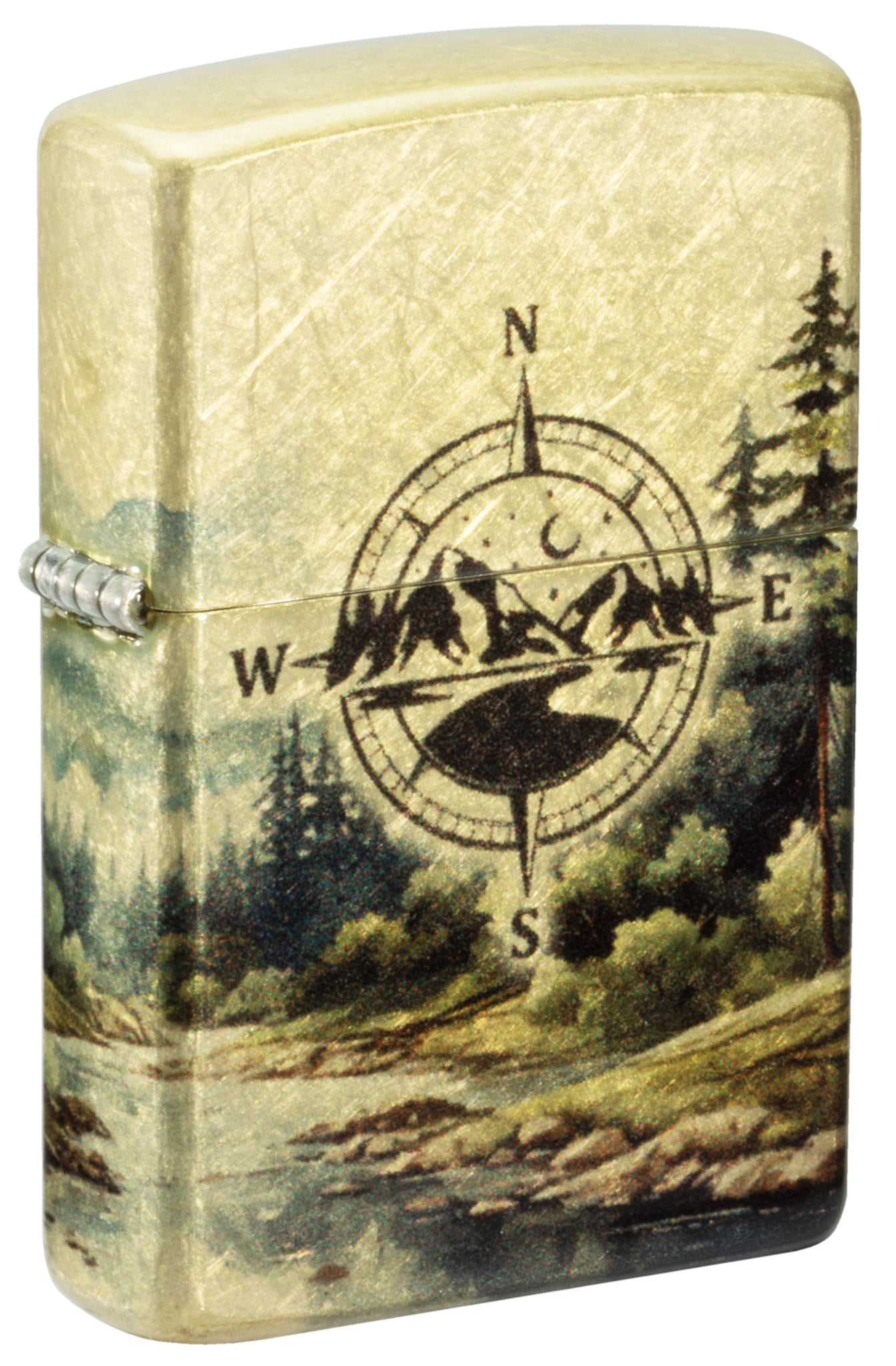 Front shot of Zippo Watercolor Wilderness Design 540 Tumbled Brass Windproof Lighter standing at a 3/4 angle.