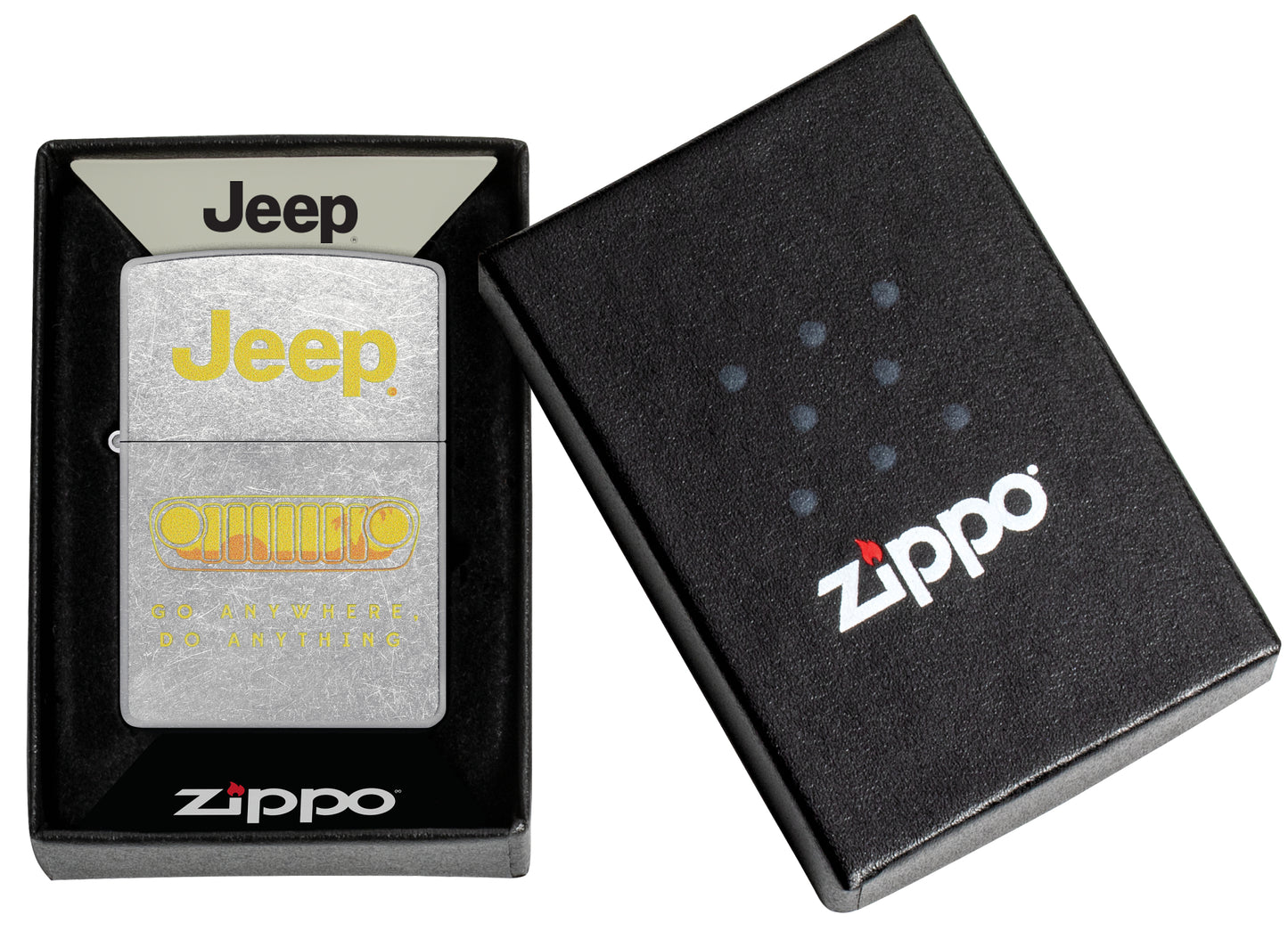 Zippo Jeep® Grille Design Street Chrome Windproof Lighter in its packaging.