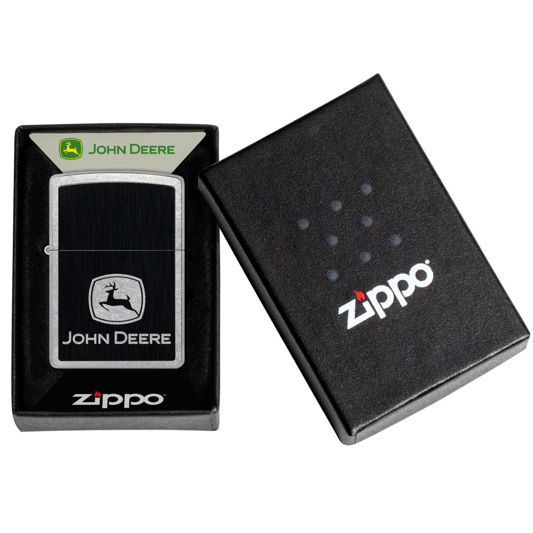 Zippo John Deere Chrome Logo Design Street Chrome Windproof Lighter in its packaging.