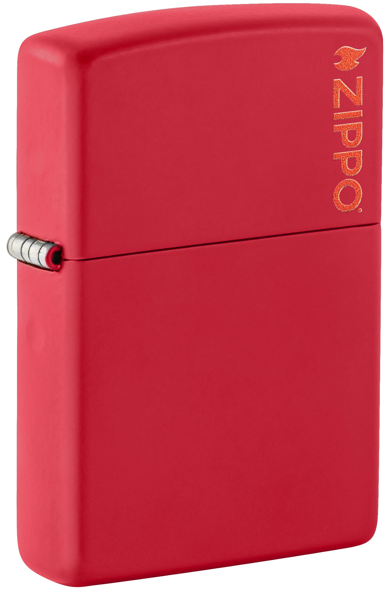 Front shot of Classic Red Matte Zippo Logo standing at a 3/4 angle.