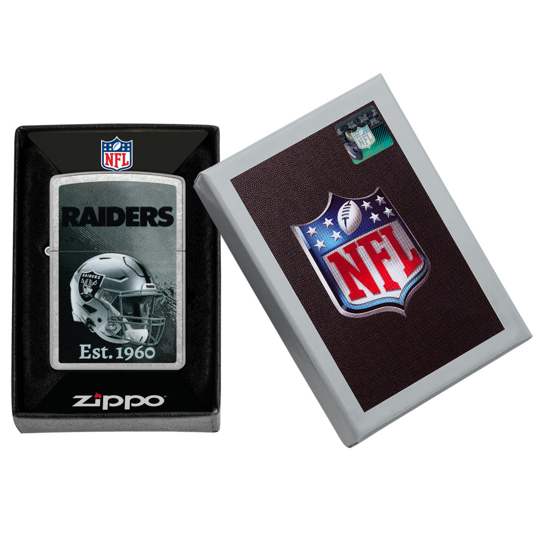 Zippo NFL Las Vegas Raiders Helmet Design Street Chrome Windproof Lighter in its packaging.