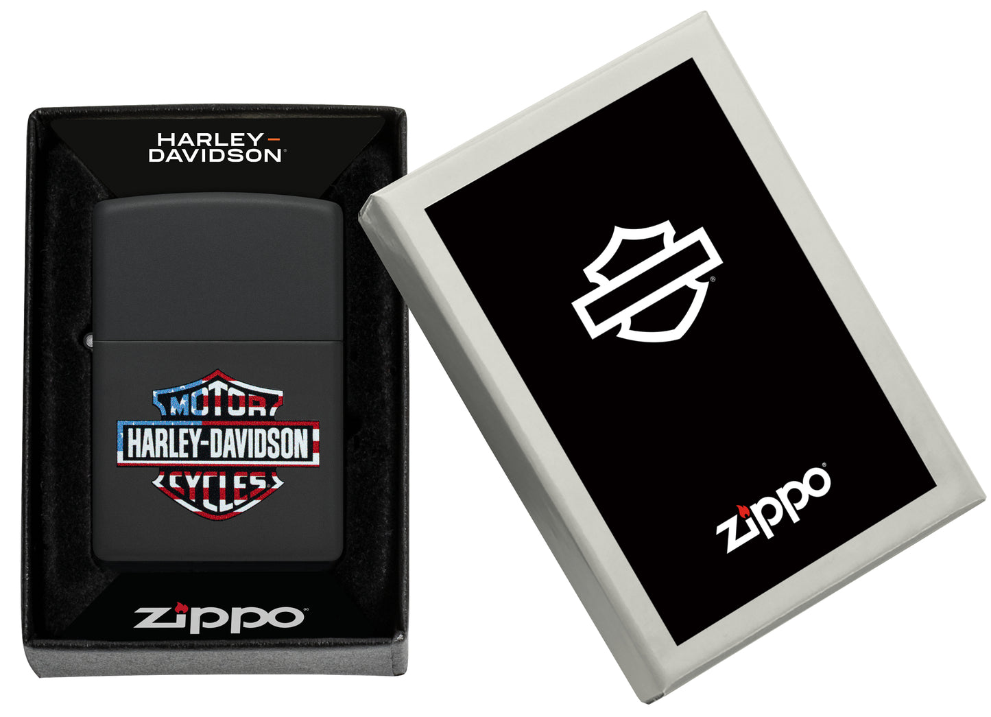 Zippo Harley-Davidson® Flag Logo Design Black Matte Windproof Lighter in its packaging.
