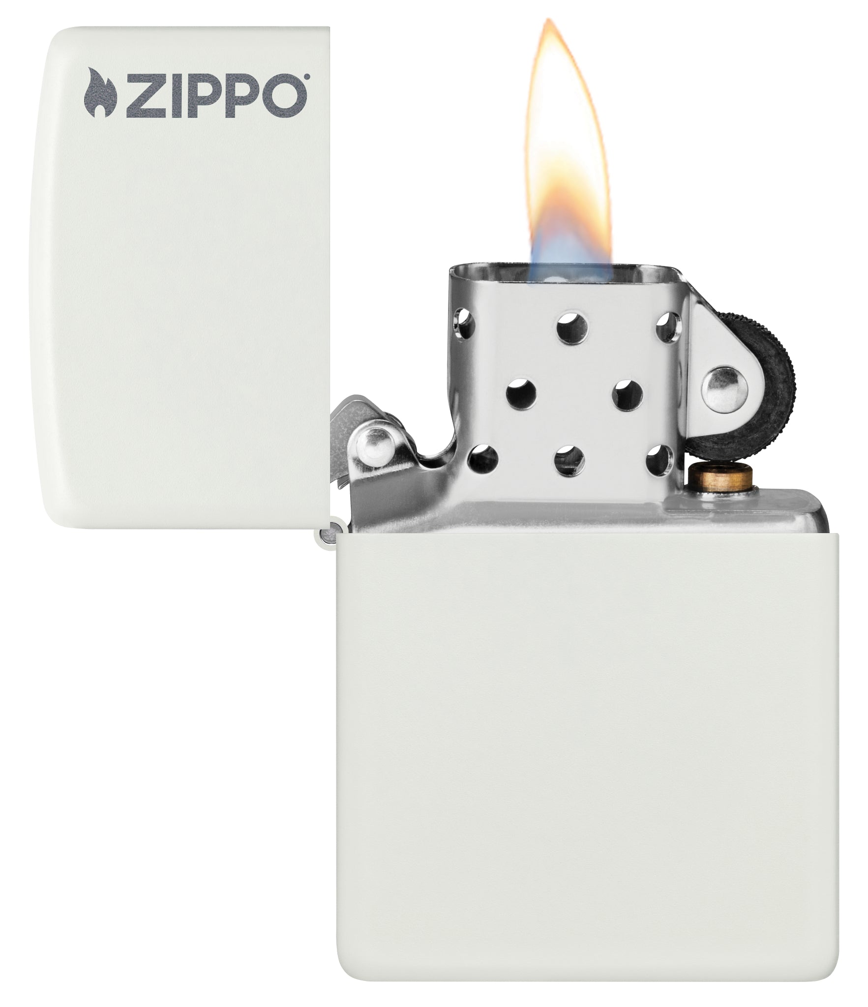 Classic White Matte Zippo Logo Windproof Lighter with its lid open and lit.