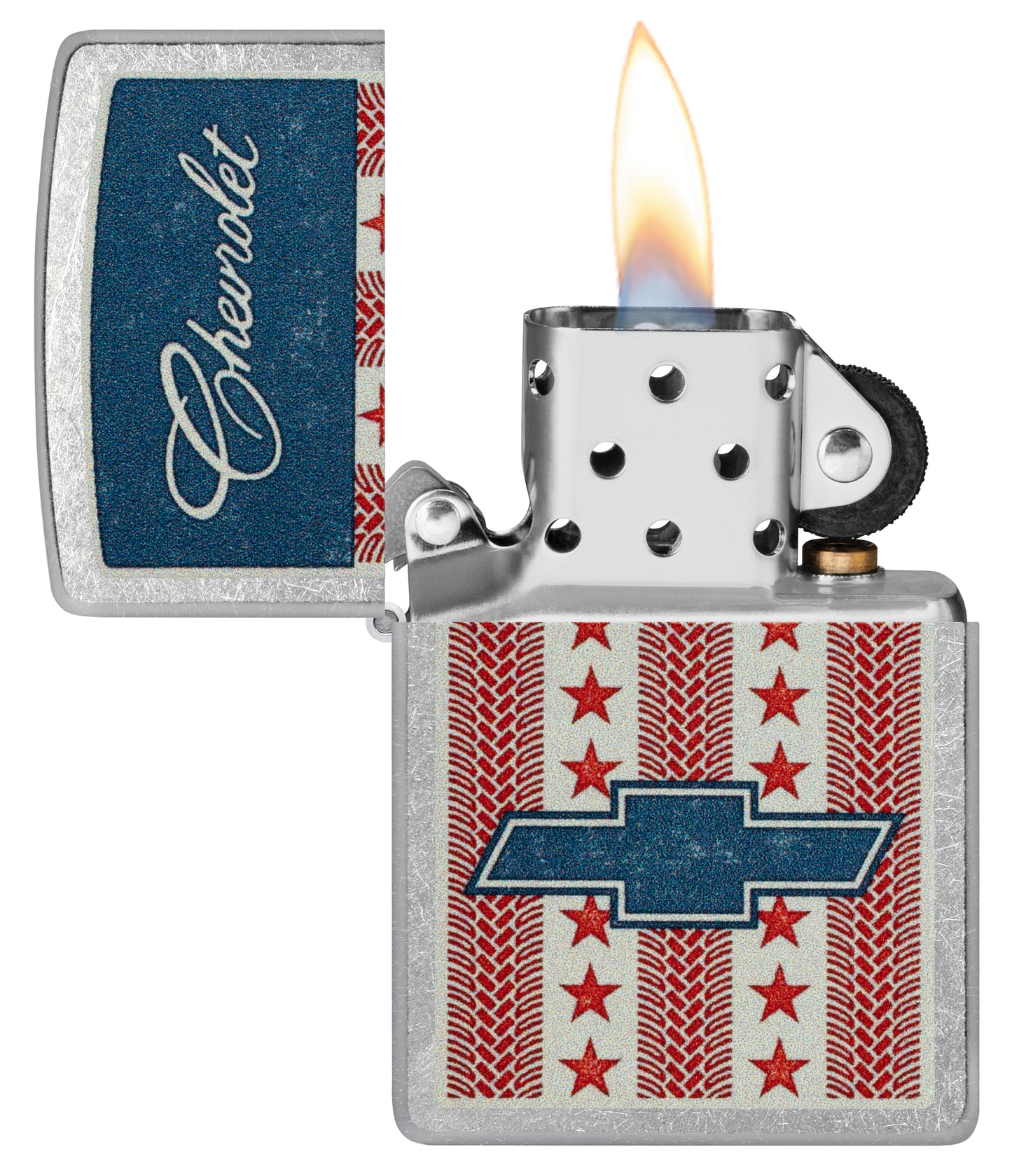 Zippo Chevrolet® Stars and Stripes Design Street Chrome Windproof Lighter with its lid open and lit.