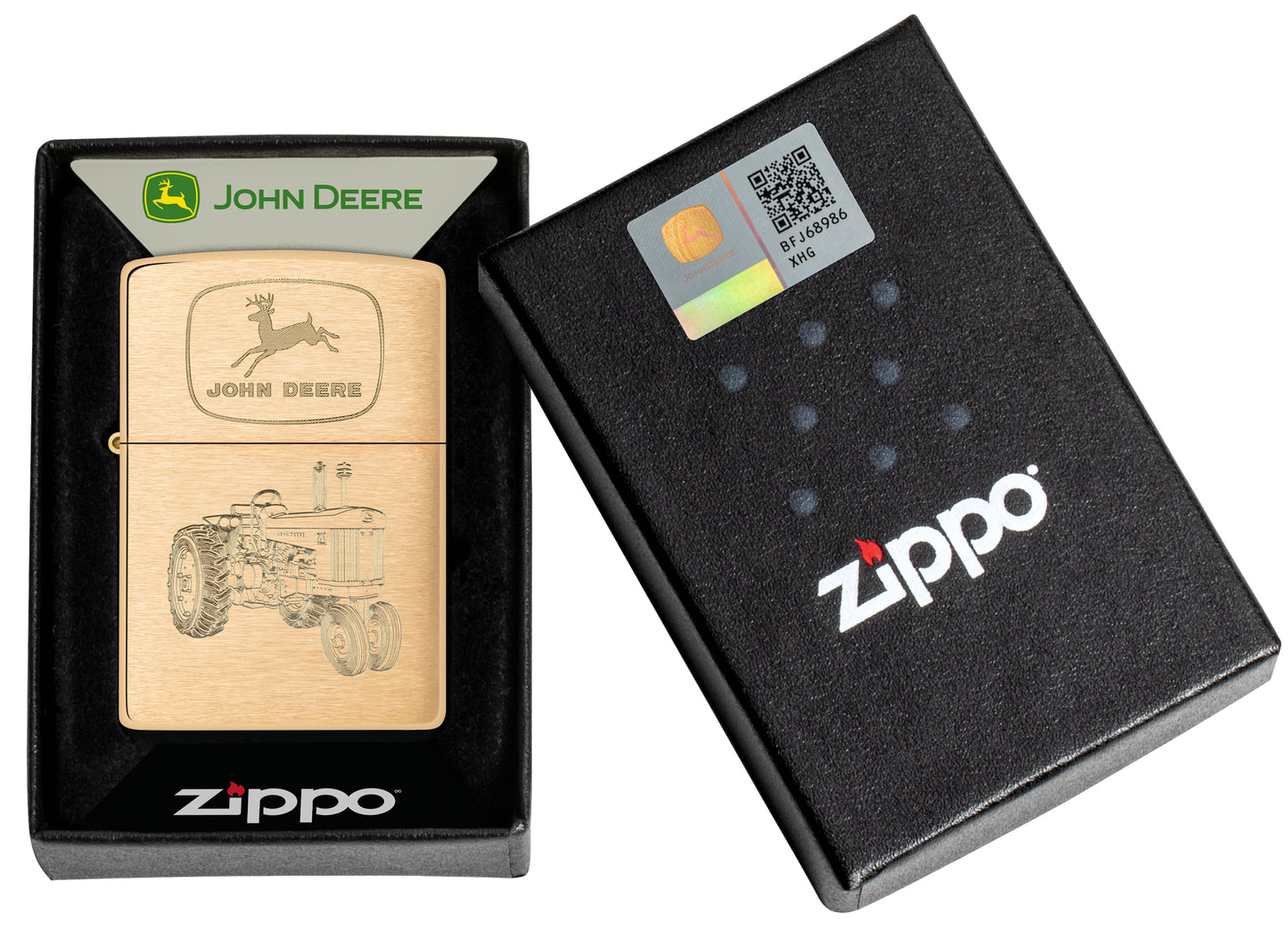 Zippo John Deere Tractor Design Brushed Brass Windproof Lighter in its packaging.