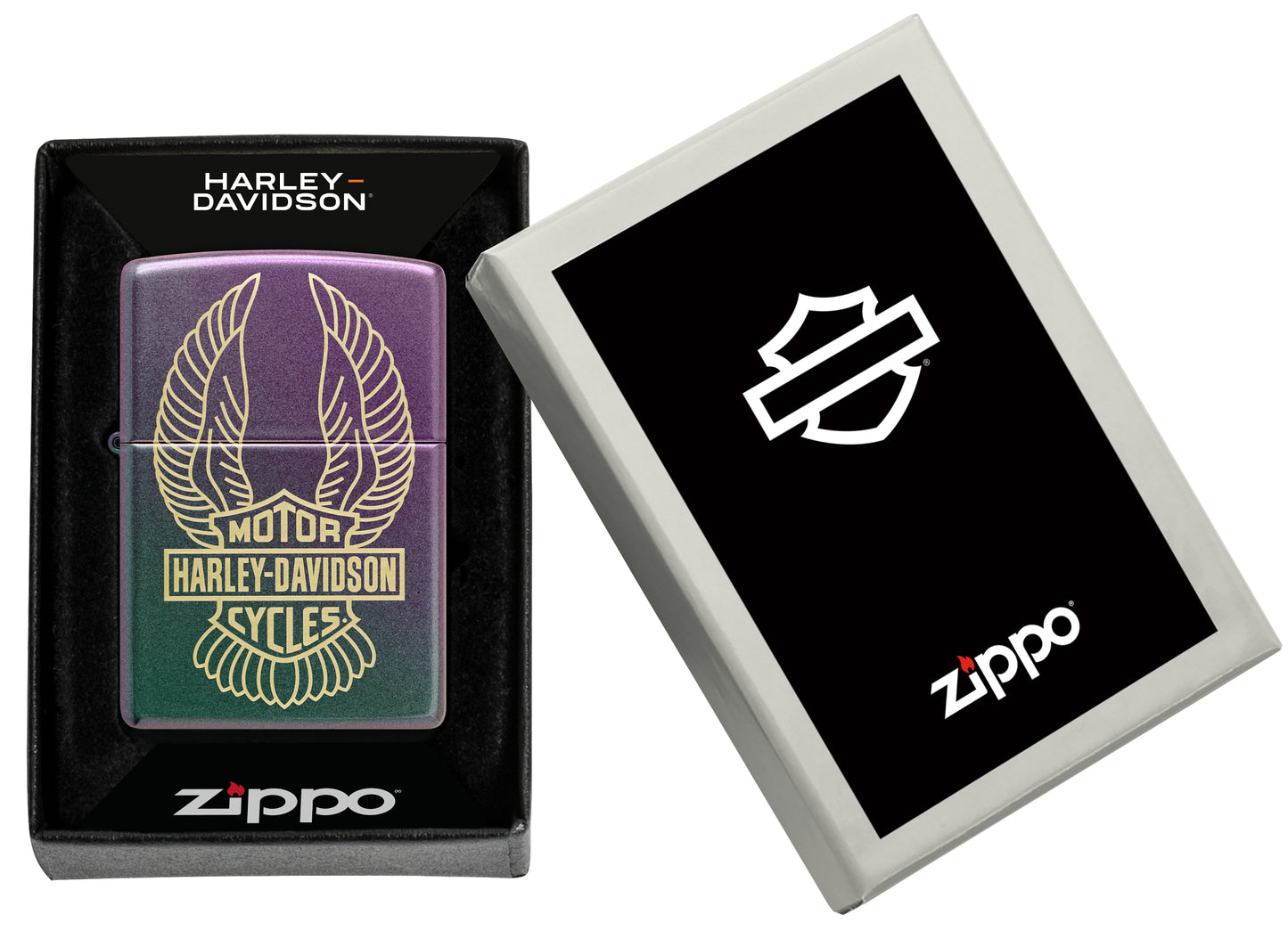 Zippo Harley-Davidson® Winged Logo Design Iridescent Windproof Lighter in its packaging.