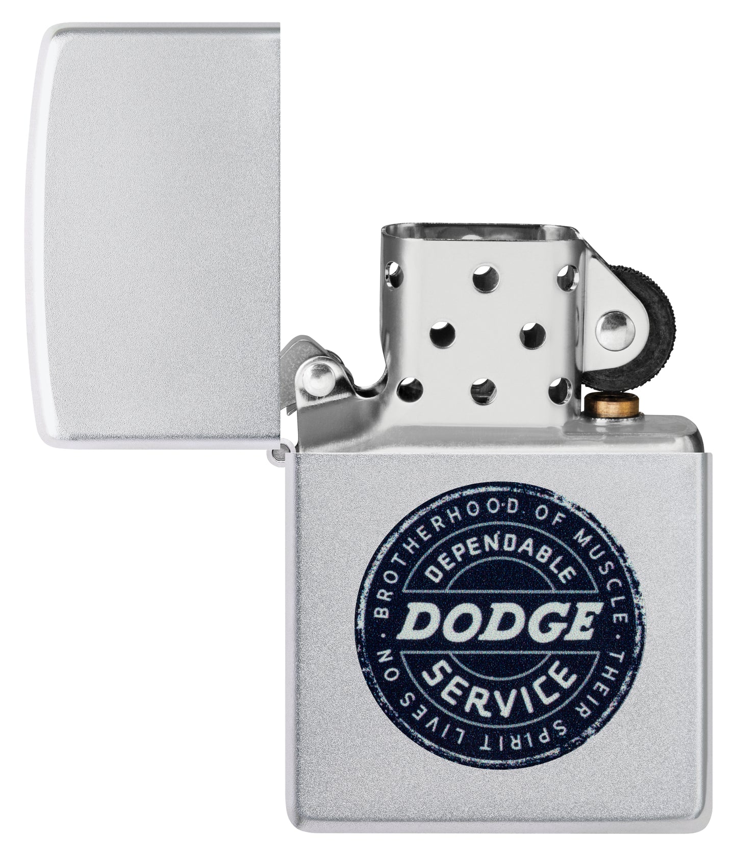 Zippo Dodge Service Sign Satin Chrome Windproof Lighter with its lid open and unlit.