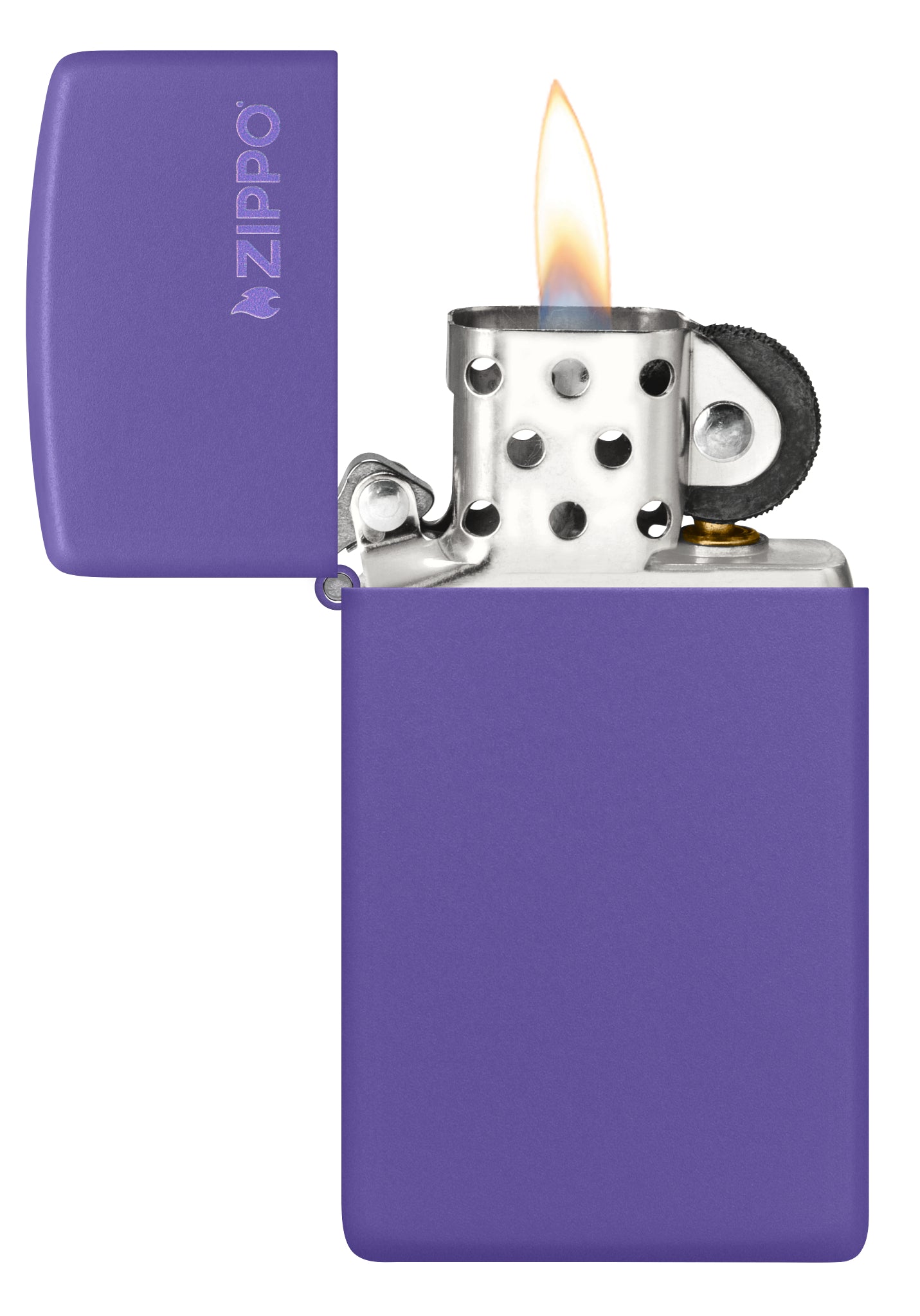 Slim® Purple Matte Zippo Logo Windproof Lighter with its lid open and lit.