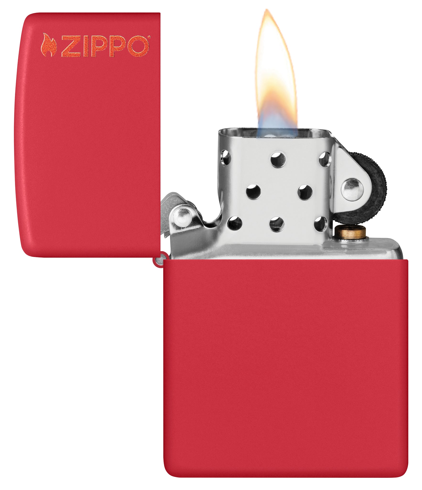 Classic Red Matte Zippo Logo with its lid open and lit.