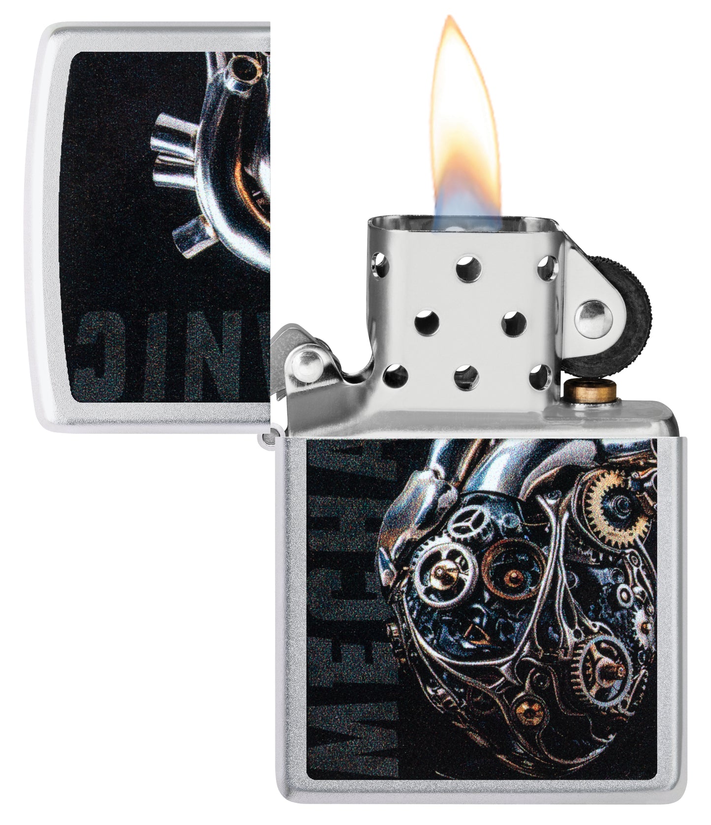 Zippo  Mechanical Heart Design Satin Chrome Windproof Lighter with its lid open and lit.