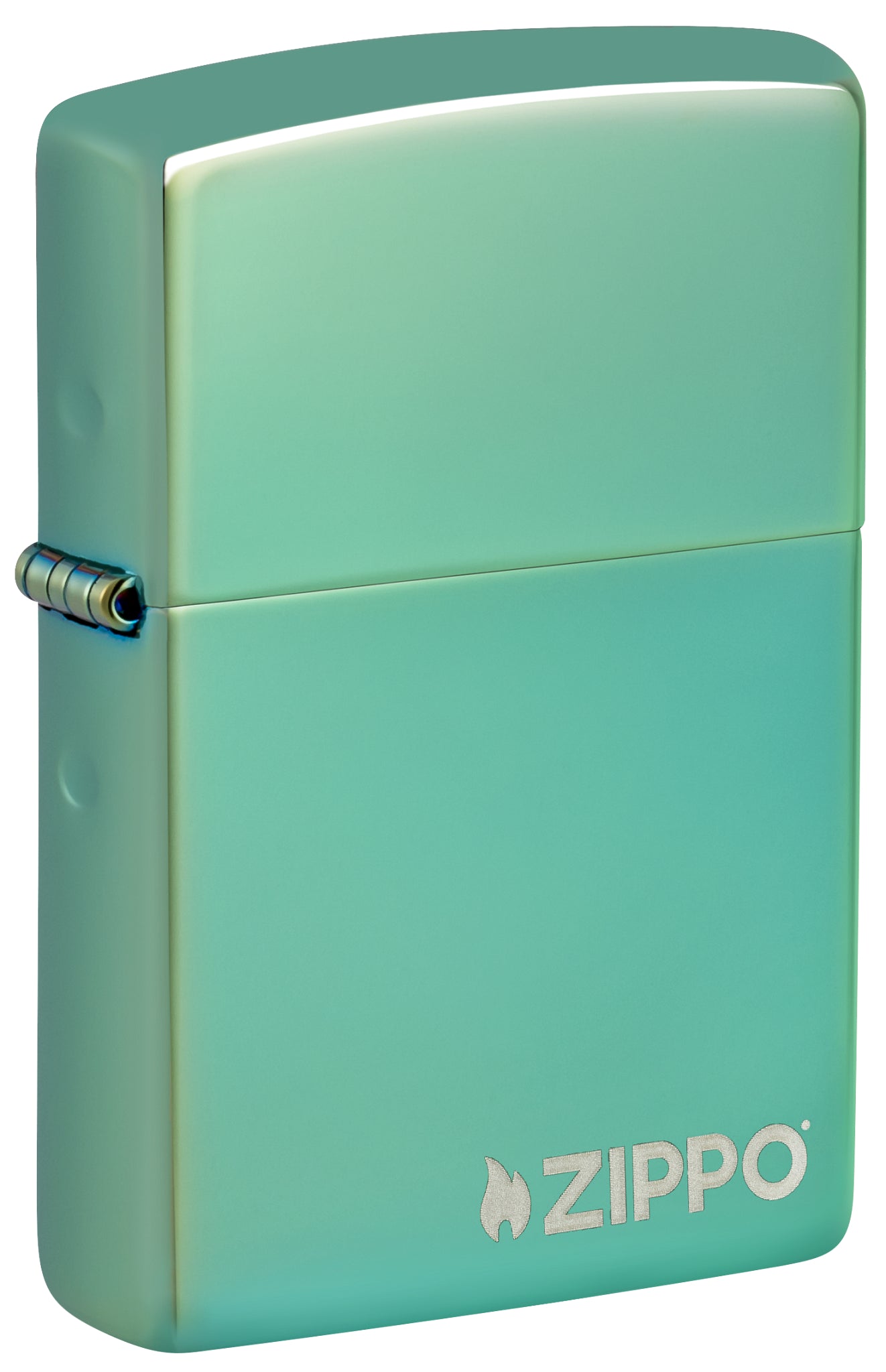 Front shot of Classic High Polish Green Zippo Logo Windproof Lighter standing at a 3/4 angle.
