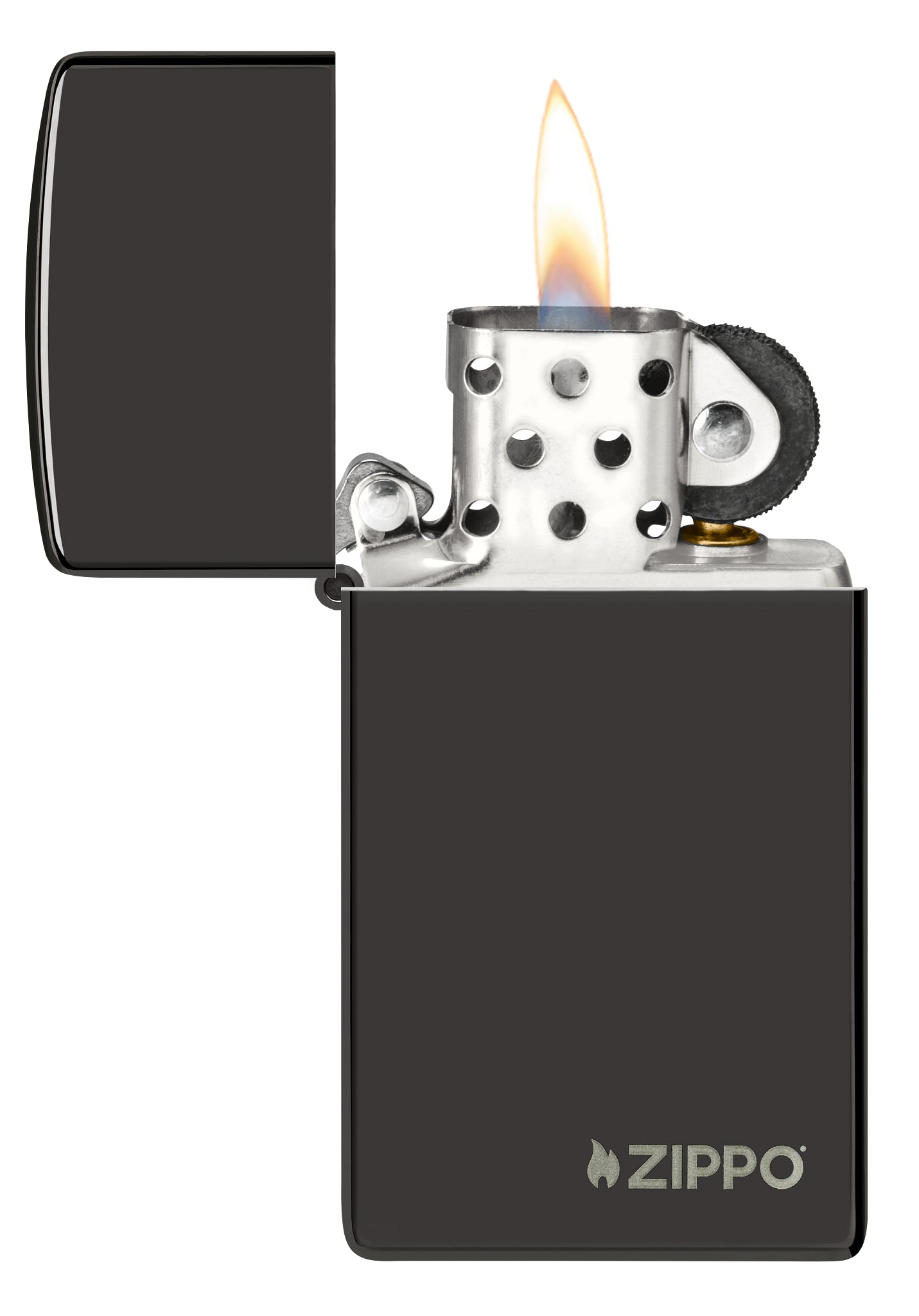 Slim® High Polish Black Zippo Logo Windproof Lighter with its lid open and lit.