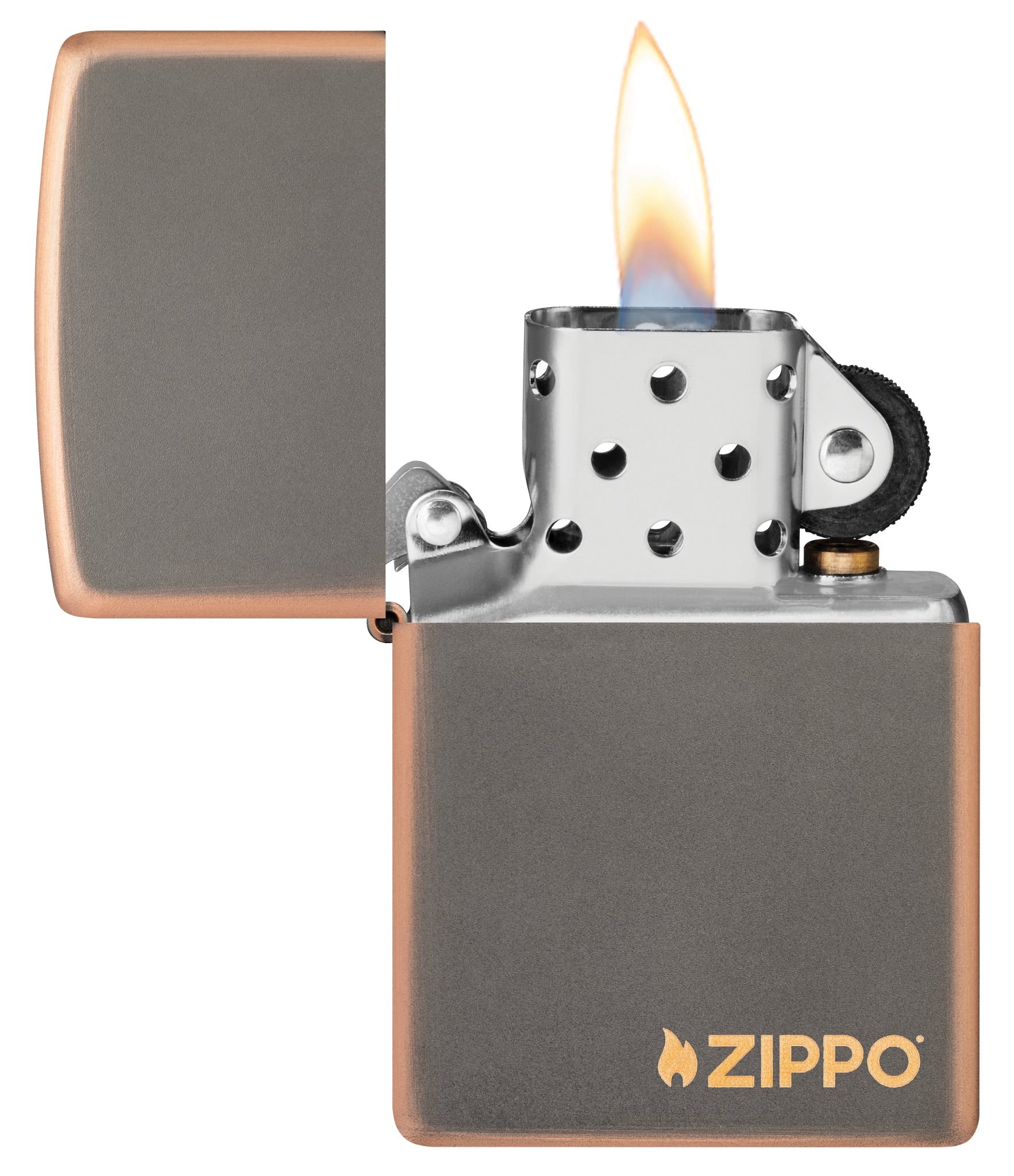 Classic Rustic Bronze Zippo Logo Windproof Lighter with its lid open and lit.