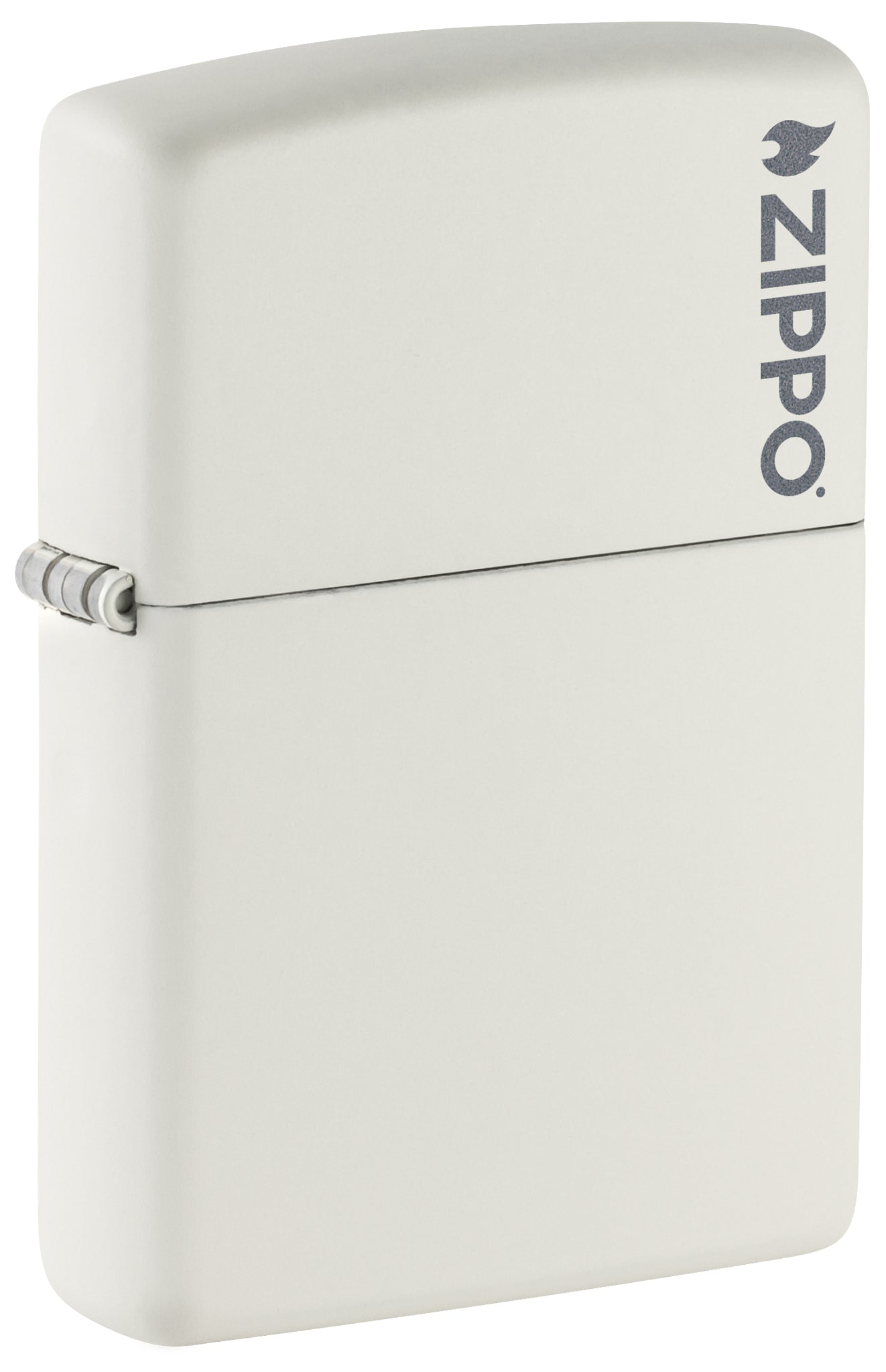 Front shot of Classic White Matte Zippo Logo Windproof Lighter standing at a 3/4 angle.