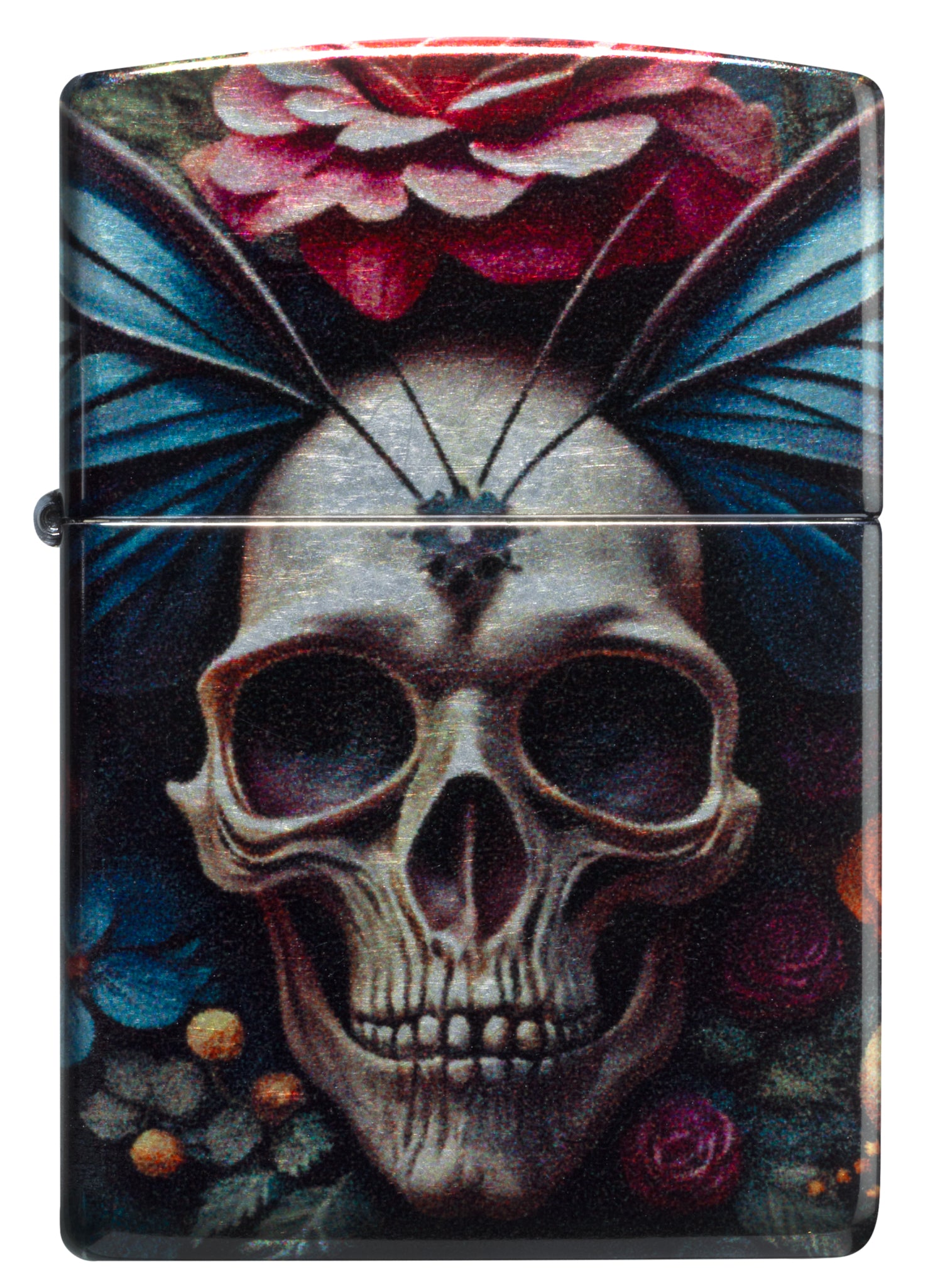 Front view of Zippo Butterfly Skull Design 540 Tumbled Chrome Windproof Lighter .