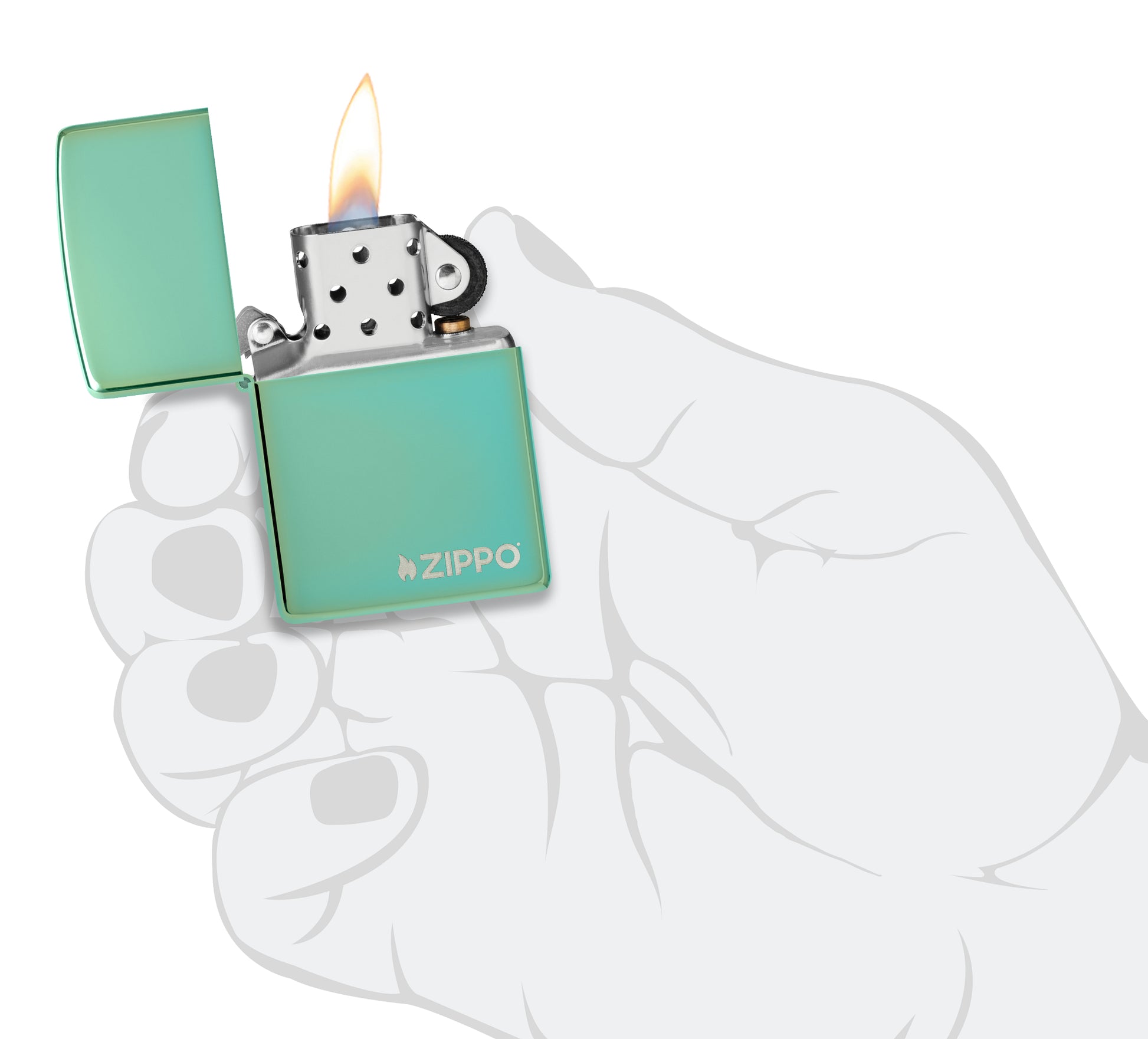 Classic High Polish Green Zippo Logo Windproof Lighter lit in hand.