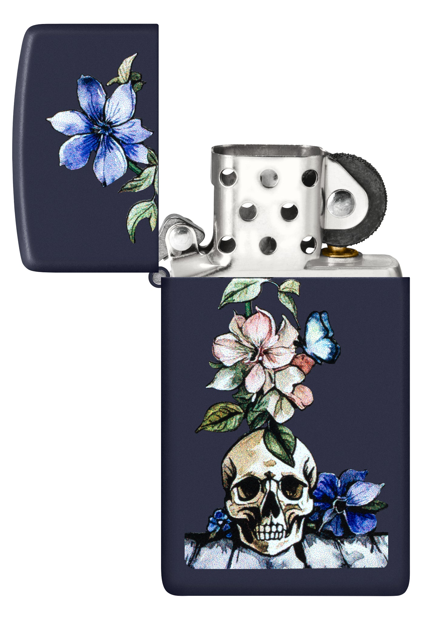 Zippo Bone Bouquet Design Slim Navy Matte Windproof Lighter with its lid open and unlit.