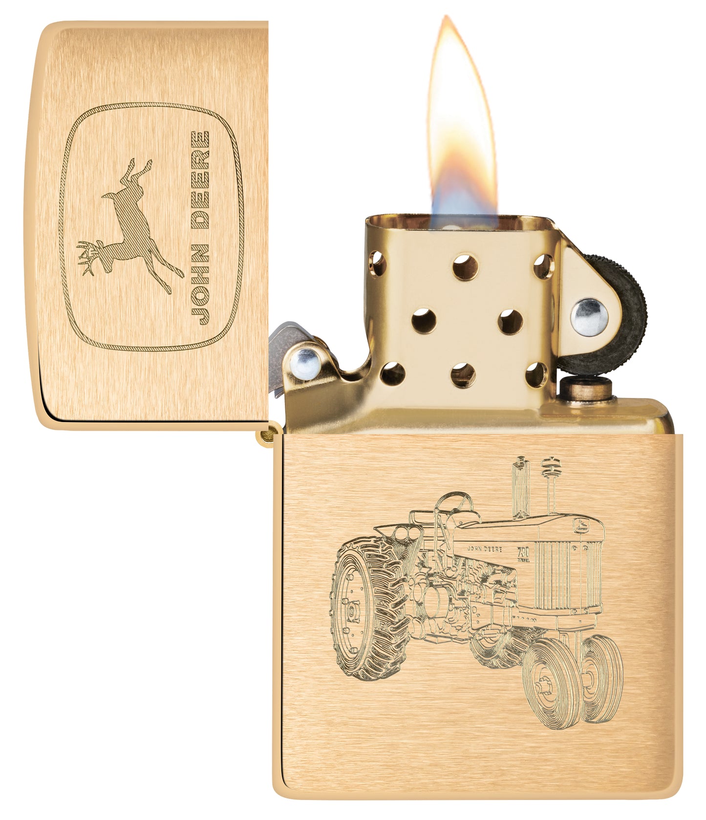 Zippo John Deere Tractor Design Brushed Brass Windproof Lighter with its lid open and lit.