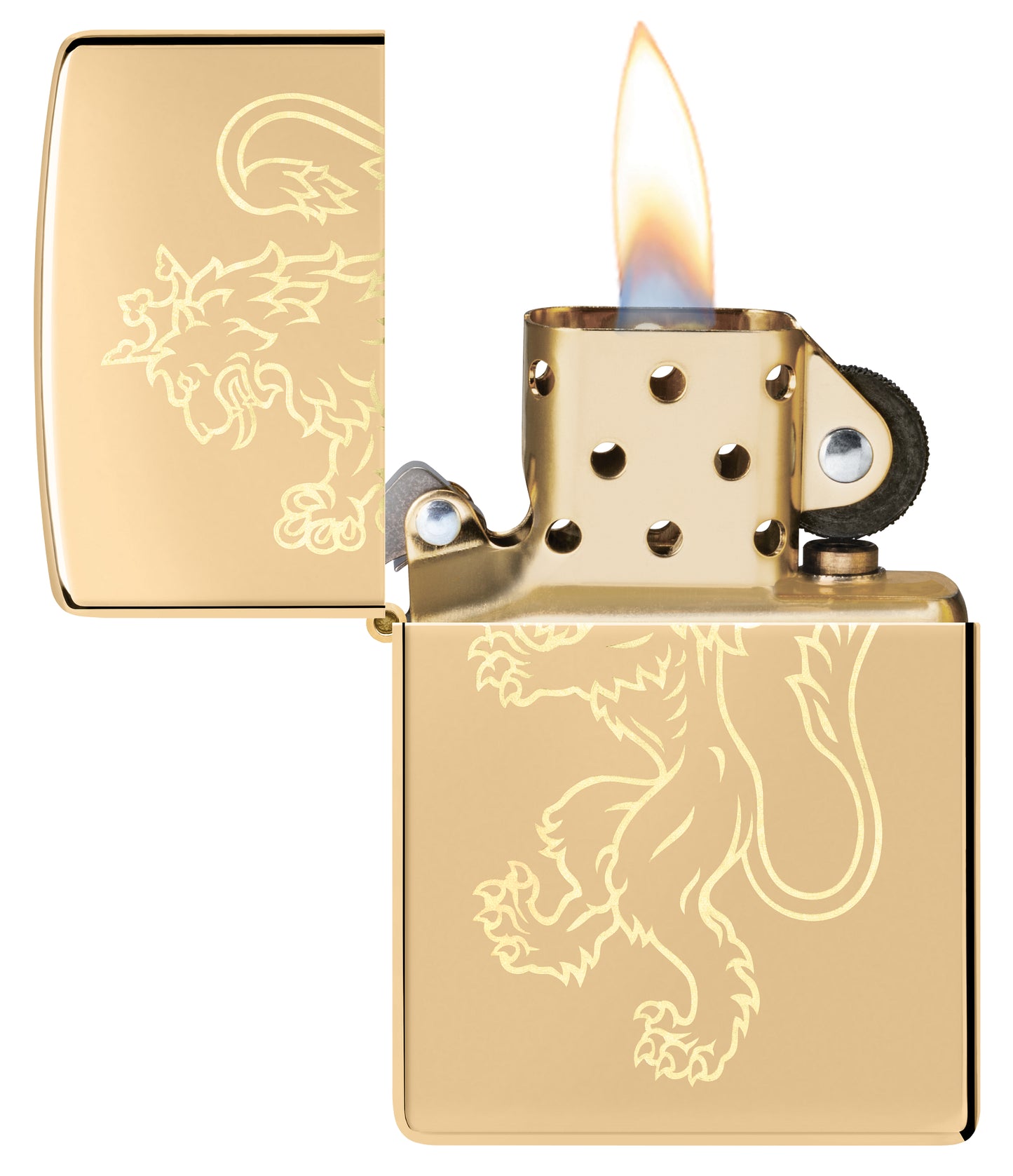 Zippo Fighting Lion Design High Polish Brass Windproof Lighter with its lid open and lit.