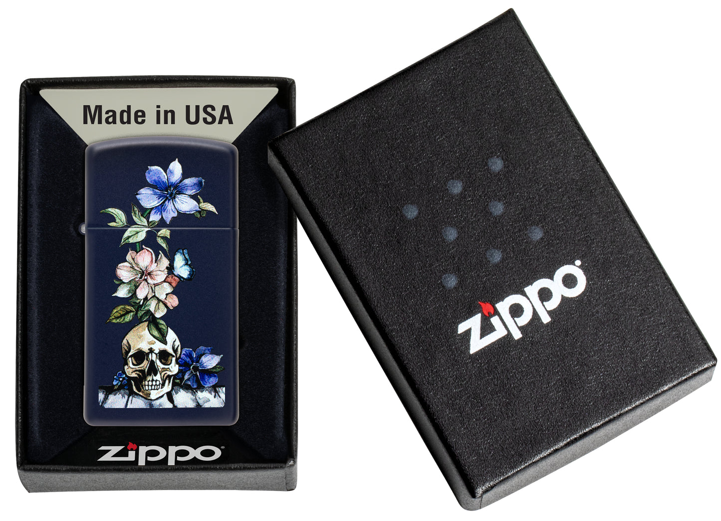 Zippo Bone Bouquet Design Slim Navy Matte Windproof Lighter in its packaging.