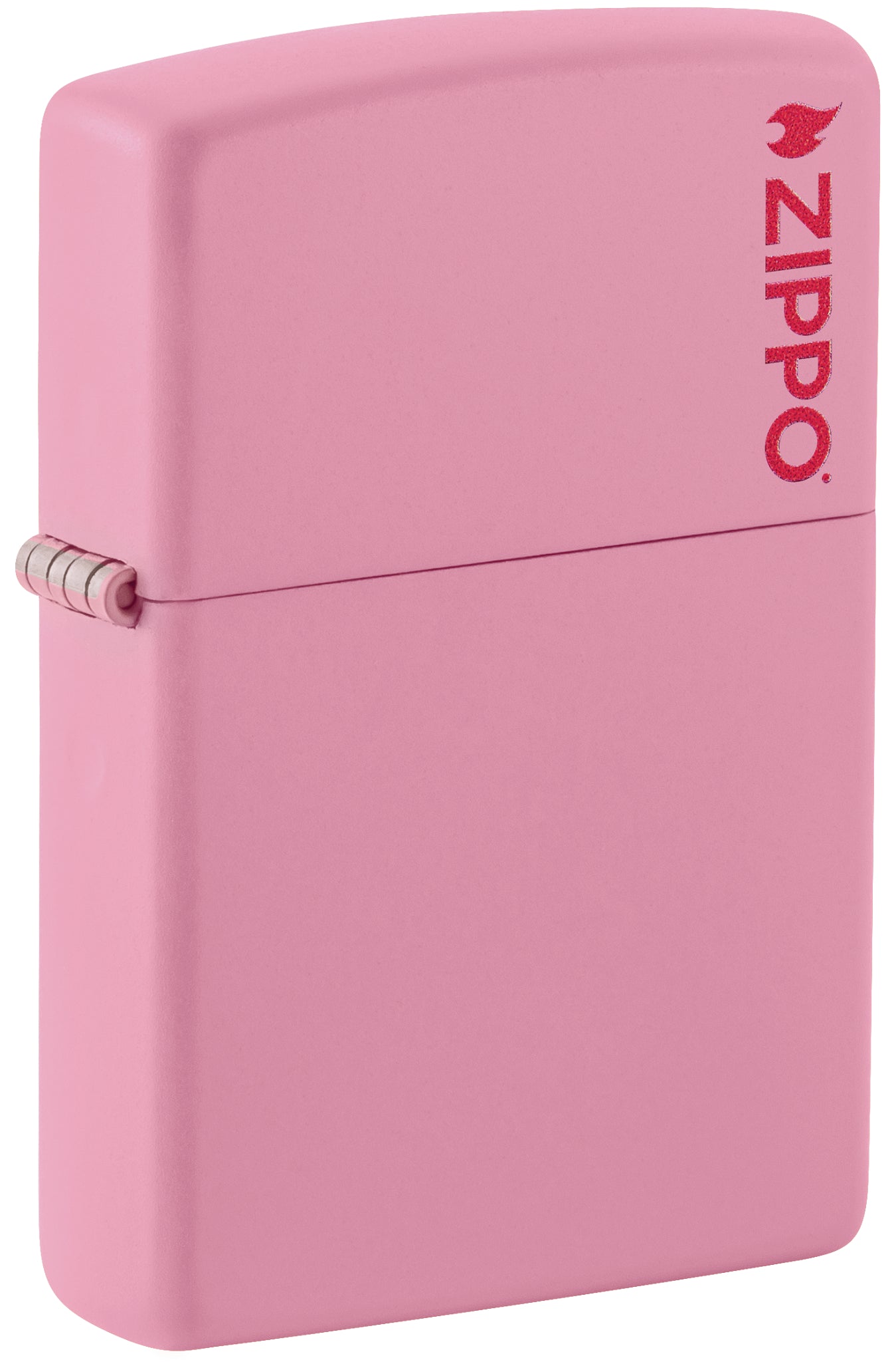 Front shot of Classic Pink Matte Zippo Logo Windproof Lighter standing at a 3/4 angle.