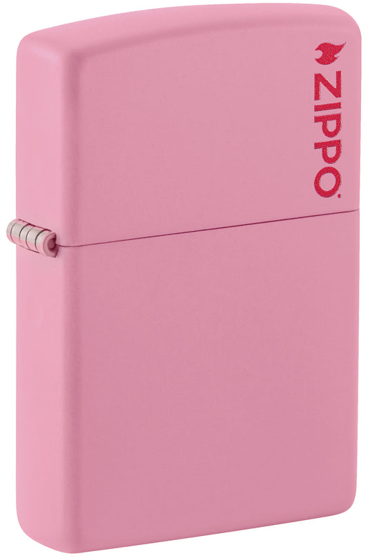 Front shot of Classic Pink Matte Zippo Logo Windproof Lighter standing at a 3/4 angle.
